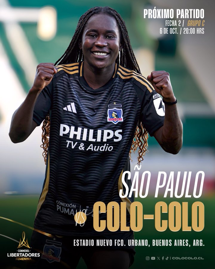 A person wearing a black São Paulo soccer jersey with gold accents, featuring the Philips TV & Audio logo and Puma branding. The jersey has a badge on the chest. The person has long braided hair and is posing with arms flexed and a smile. Text on the image reads "PRÓXIMO PARTIDO," "São Paulo COLO-COLO," "6 de Oct. J 2 GRPO C," "20:00 HRS," and "ESTADIO NUEVO FCO. URBANO, BUENOS AIRES, ARG."