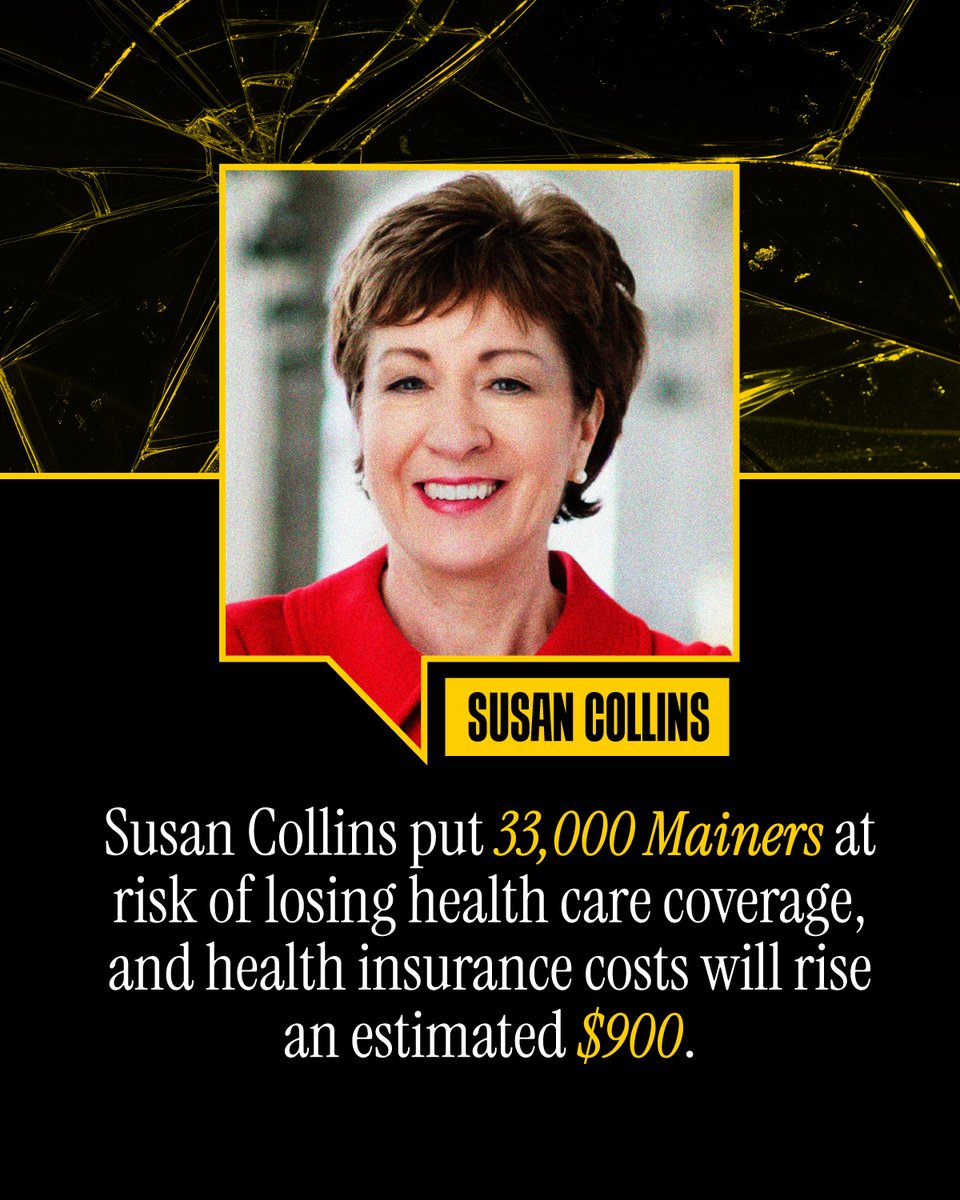 dscc's tweet image. 33,000 Mainers are set to lose coverage thanks to Susan Collins. 

Now, Collins is shutting down the government instead of working to address the health care crisis she helped create.