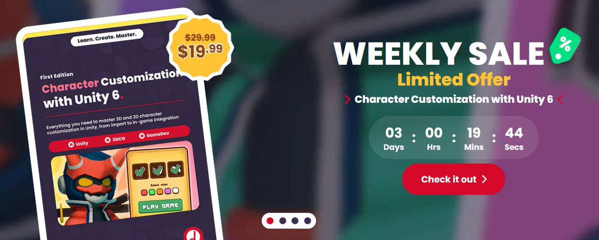 This weekly sale ends in just 3 days! Want to learn how to customize your character in Unity the right way? Learn it step by step! 

More 🔗 jettelly.com/store/characte…

#unity3d #indiedev #gamedev
