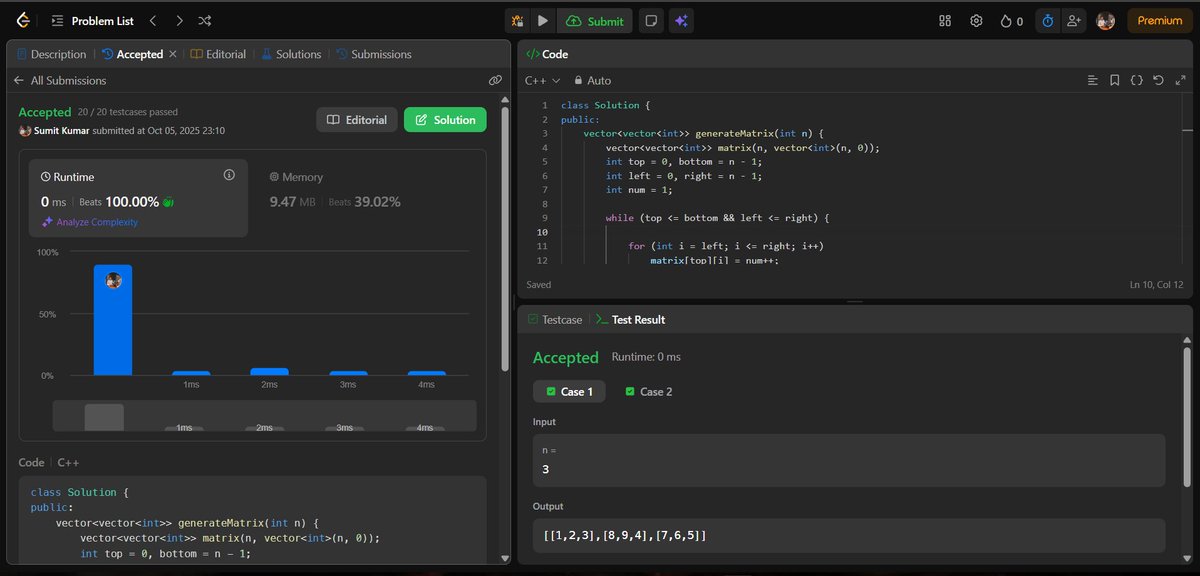 AIDev_Sumit's tweet image. 🚀 Day 74 of my coding journey!
Dove into Spiral Matrix generation in C++ today. Learned how to fill an n x n matrix in spiral order using boundaries and loops. 🌀
#100DaysOfCode #Cplusplus #CodingJourney #LeetCode #DevLife #Day74