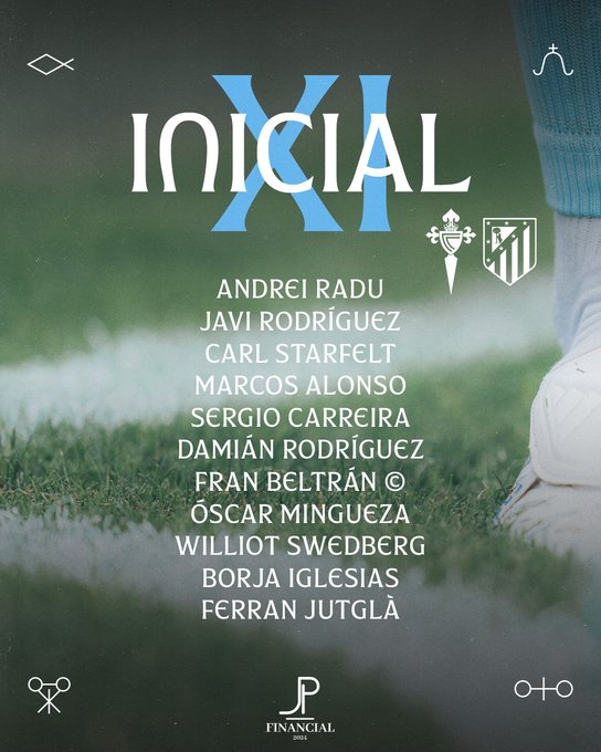 A list of names including Andre Radu, Javi Rodríguez, Carl Starfelt, Marcos Alonso, Sergio Carreira, Damián Rodríguez, Fran Beltrán, Óscar Mingueza, Williot Swedberg, Borja Iglesias, and Ferran Jutglà. The text "INICIAL XI" is prominently displayed in large blue and white letters. A soccer player\'s legs in white socks and cleats are visible in the background, along with the Real Club Celta logo featuring a cross and stripes.