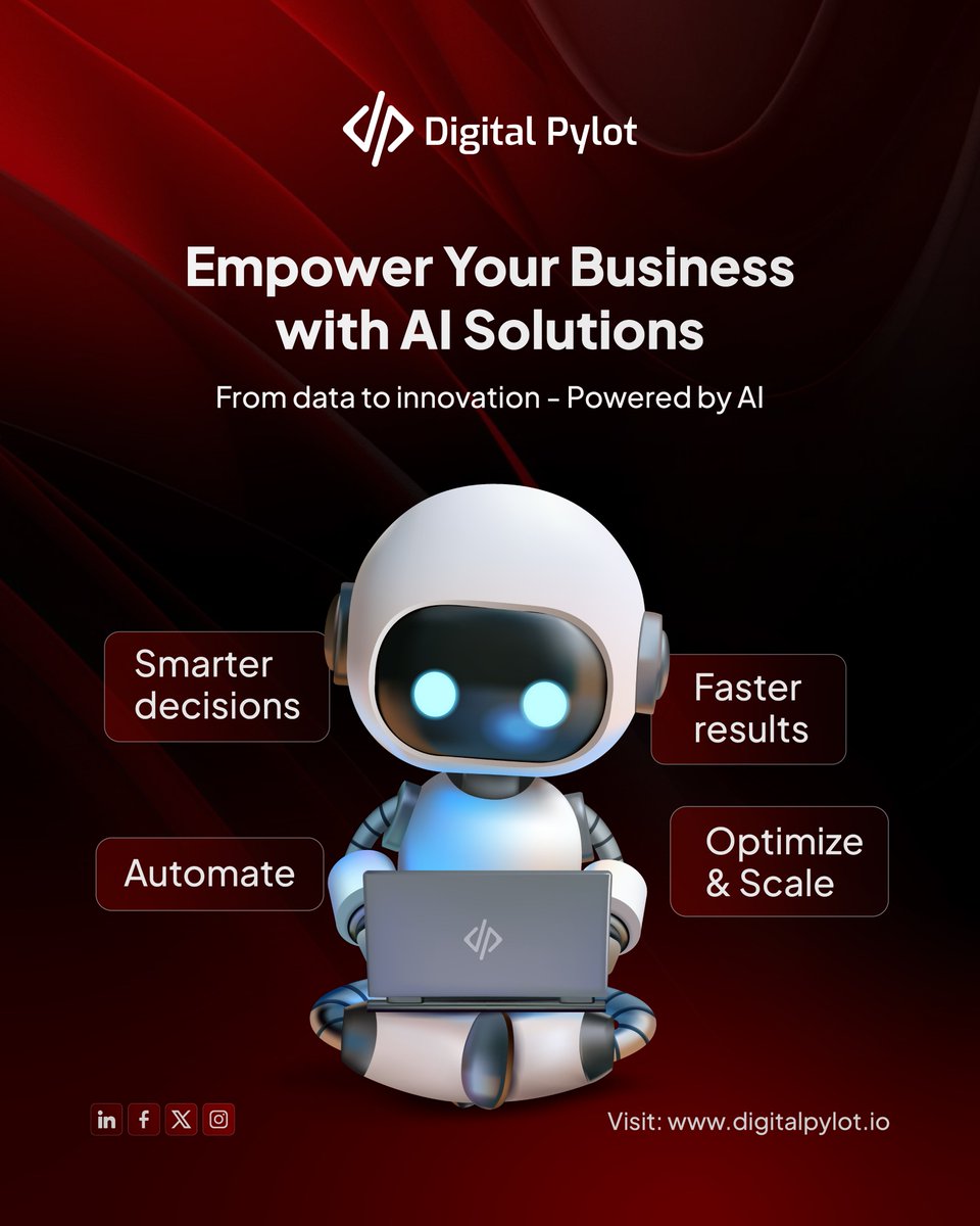 Digitalpylot's tweet image. AI isn’t the future, it’s the now.
From automating tasks to predicting trends, AI can help your business grow smarter and faster.

#DigitalPylot #AISolutions #BusinessGrowth #TechInnovation #Vision2030