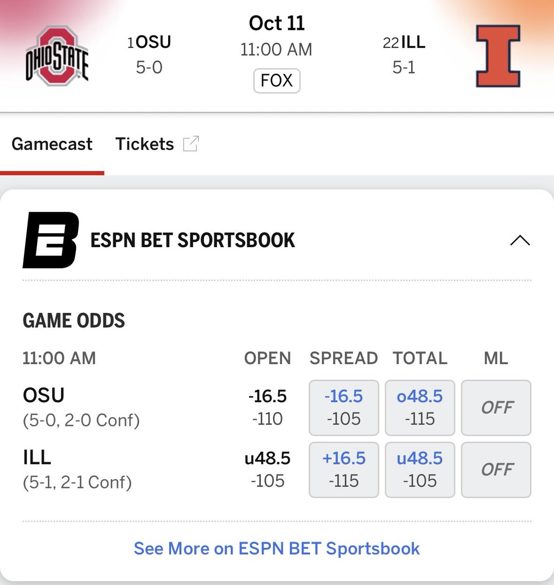 glenn_kinley's tweet image. ESPN has the #Illini as 16.5-point underdogs vs Ohio State.