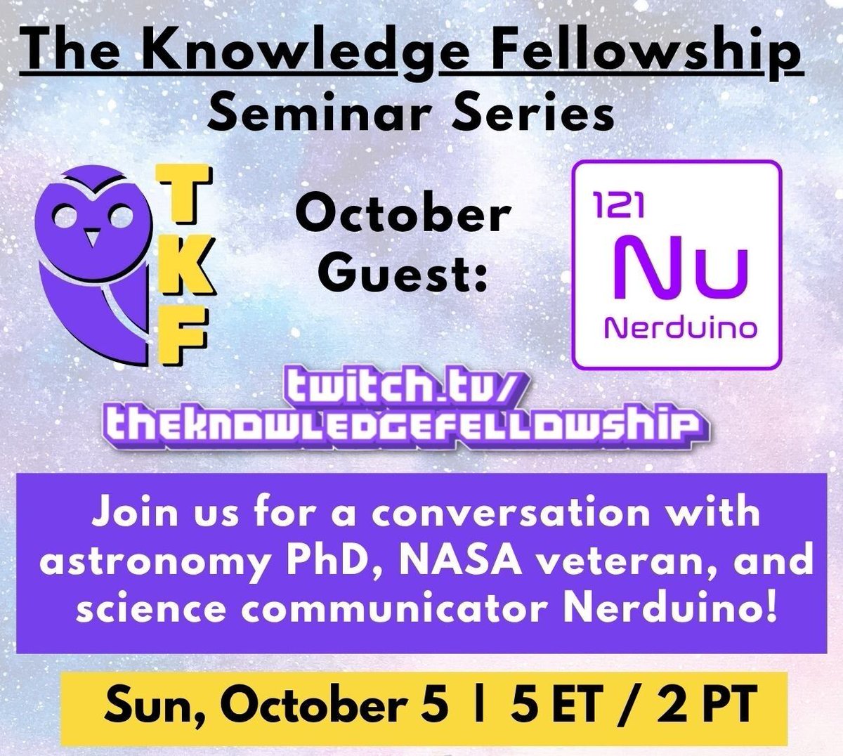 thenerduino's tweet image. Today at 2PM PDT I'll be chatting with the Knowledge Fellowship about science, NASA and STEM! Come join us on Twitch! #science #stem #scientist #nasa #astronomy