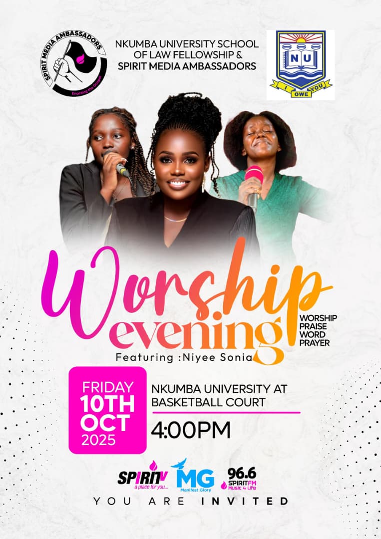 Are you ready for a glorious time in his presence??
Join the Spirit media ambassadors in partnership with Nkumba University school of law fellowship for a worship evening this coming Friday (10.10.2025), featuring <a href="/NiyeeSonia/">Niyee Sonia</a>

#SpiritMediaAmbassadors
#WorshipEvening