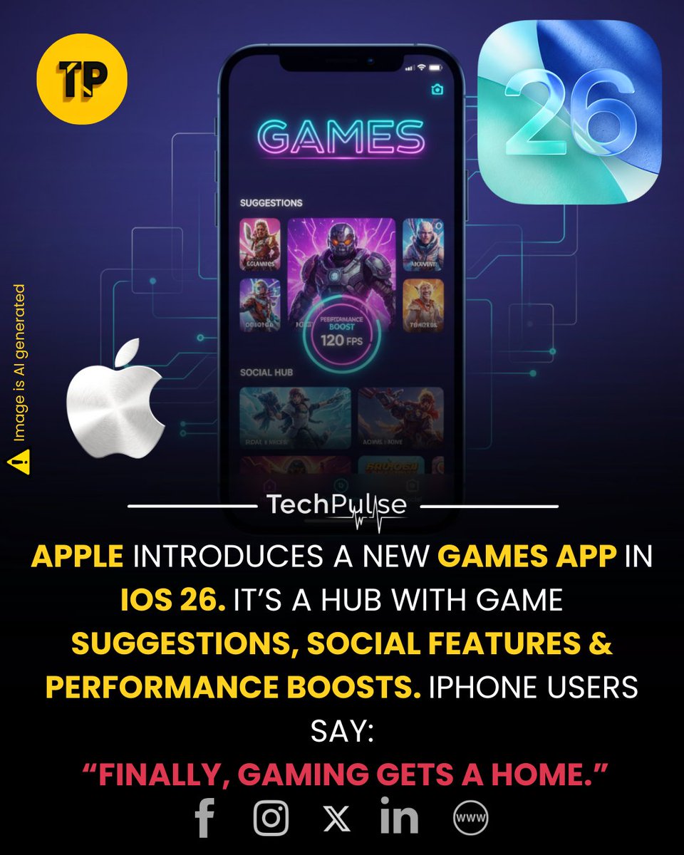 techpulse108's tweet image. With iOS 26, Apple is making gaming more central on iPhone — not just an afterthought. The new Games app rolls in features like personalized recommendations.
Gaming on iPhone has just leveled up.
#iOS26 #GamesApp #AppleGaming #MobileGames #GameHub #iPhoneGaming #GenZGaming