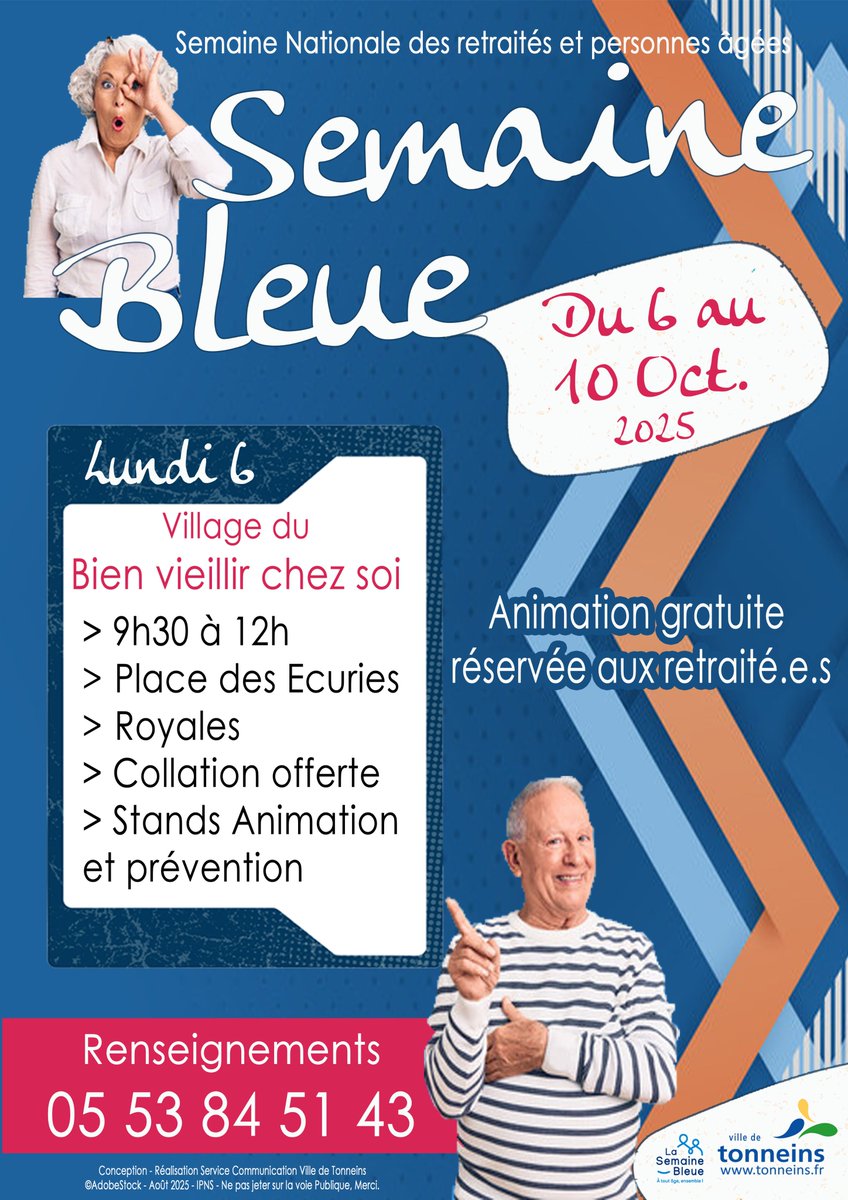 Demain matin, le village du bien vieillir chez soi vous attend Place des Ecuries Royales. Êtes-vous retraité(e) ou une personne âgée ? Venez demain matin inaugurer avec nous la Semaine Bleue 2025 à Tonneins.
#Tonneins #TonnAttitude #SemaineBleue #SemaineBleue2025