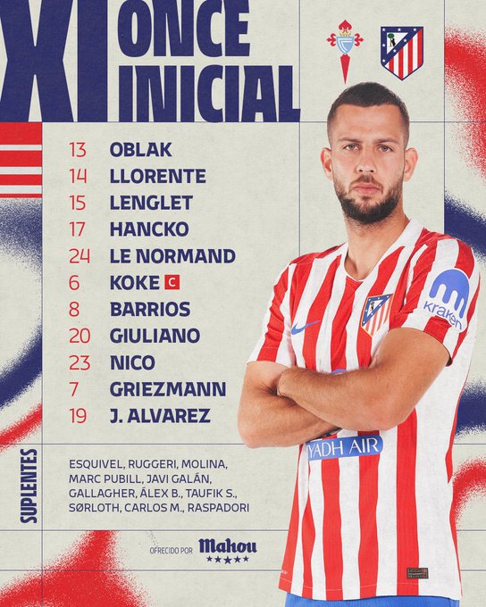 Jan Oblak wearing an Atlético Madrid jersey with red and white stripes, standing with arms crossed. Text lists the starting lineup: Jan Oblak, Marcos Llorente, Clément Lenglet, Mario Hermoso, Koke, Rodrigo De Paul, Ángel Correa, João Félix, Antoine Griezmann, Álvaro Morata, and others. The jersey features the Atlético Madrid logo and a sponsor patch reading "Mahou." A watermark from Atlético de Madrid is present.