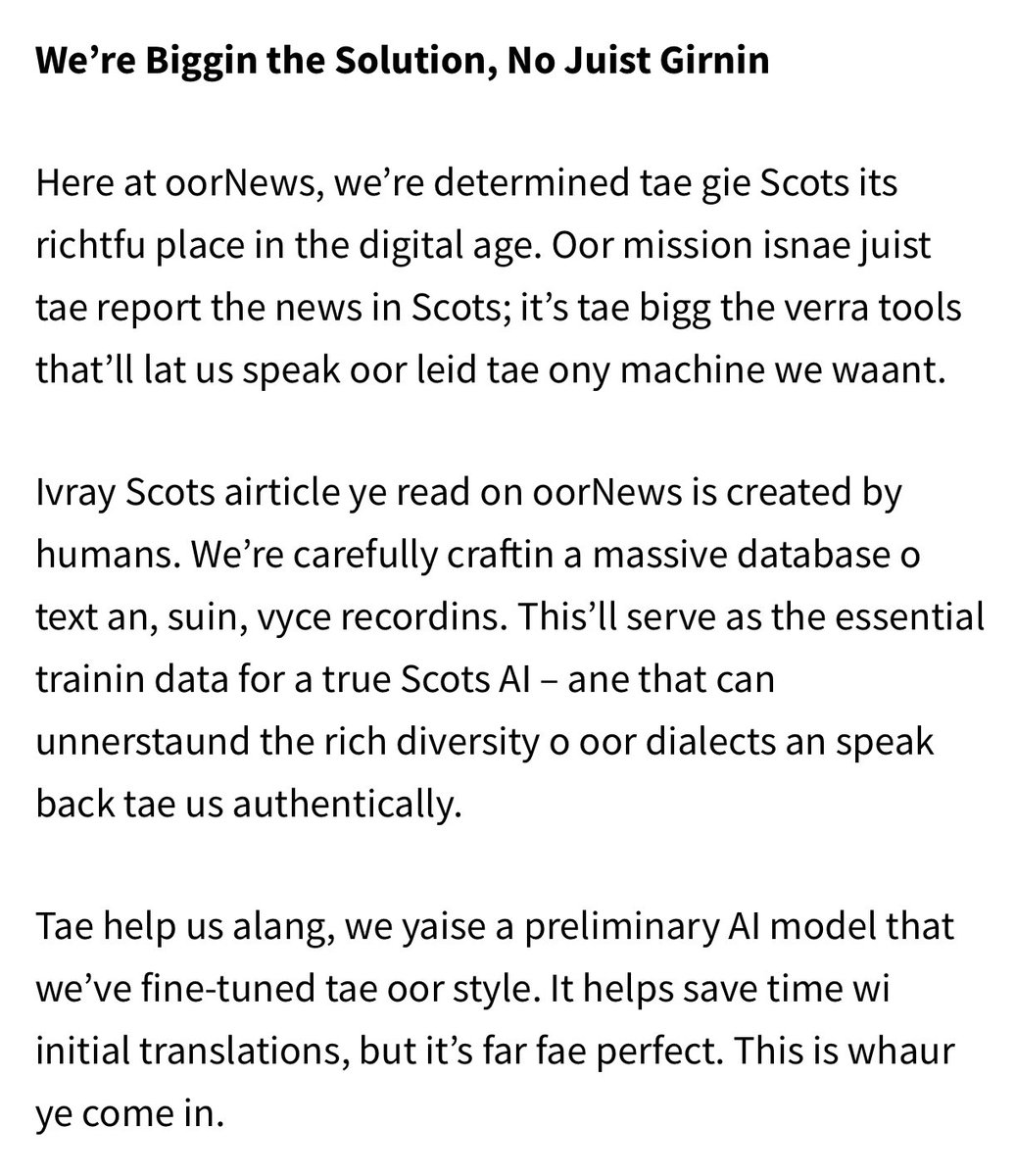 emmagraeauthor's tweet image. It broke my heart to see this article calling for help to make a Scots AI. The leid is already vulnerable.
The rise of AI is an abomination. People can think and create without it.
English literacy is already dropping because of AI. Don’t let it happen to Scots too.