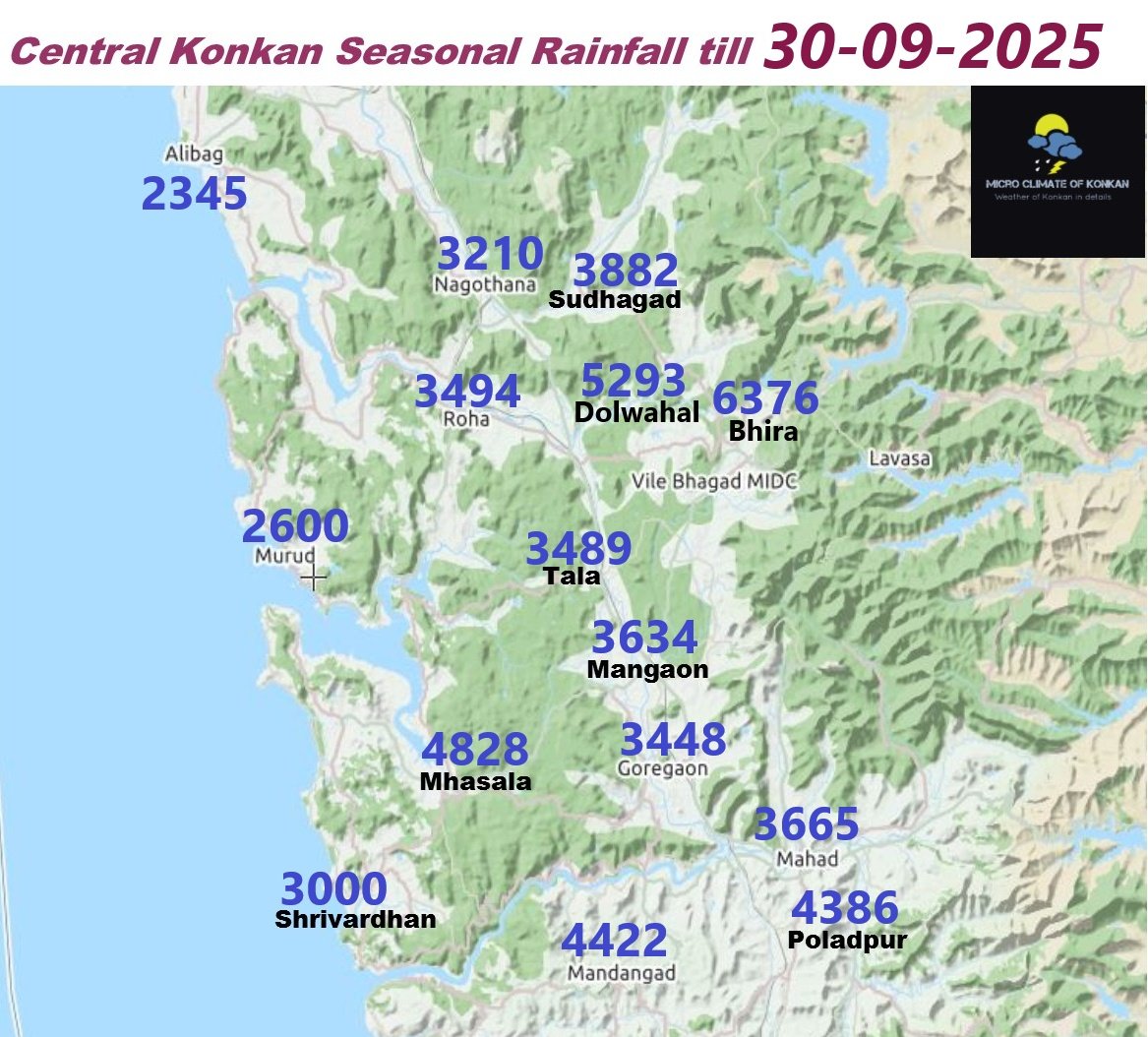 meet_abhijit's tweet photo. Seasonal #June to #September 2025 #Rainfall in mm #Map for Central #Konkan ⬇️
मध्य कोकणातील जून ते सप्टेंबर पर्यंतच्या पाऊस 🌧️
#Weather #KonkanWeather #Maharashtra #रायगड #कोकण #हवामान #पाऊस #महाराष्ट्र #Raigad #Monsoon2025 #WeatherAnalysis #Roha #Bhira #Dolwahal #KonkanRains https://t.co/4NUJjcf8MZ
