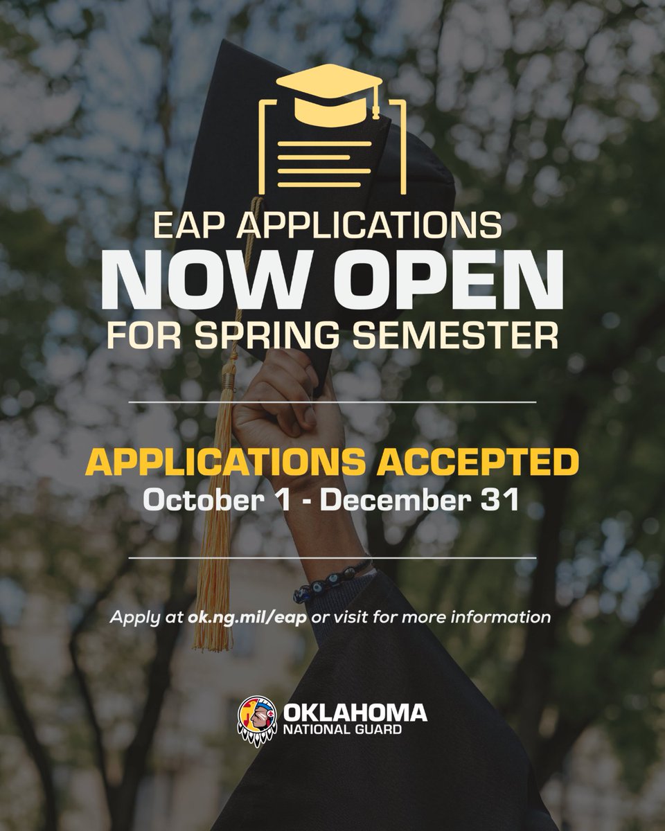 Spring EAP applications are open now–Dec. 31.

📚 Citizen-Soldiers &amp; Airmen must complete a servicemember certification form w/ their unit + the EAP app. Stay sharp. 👉 ok.ng.mil/eap #OKGuard
