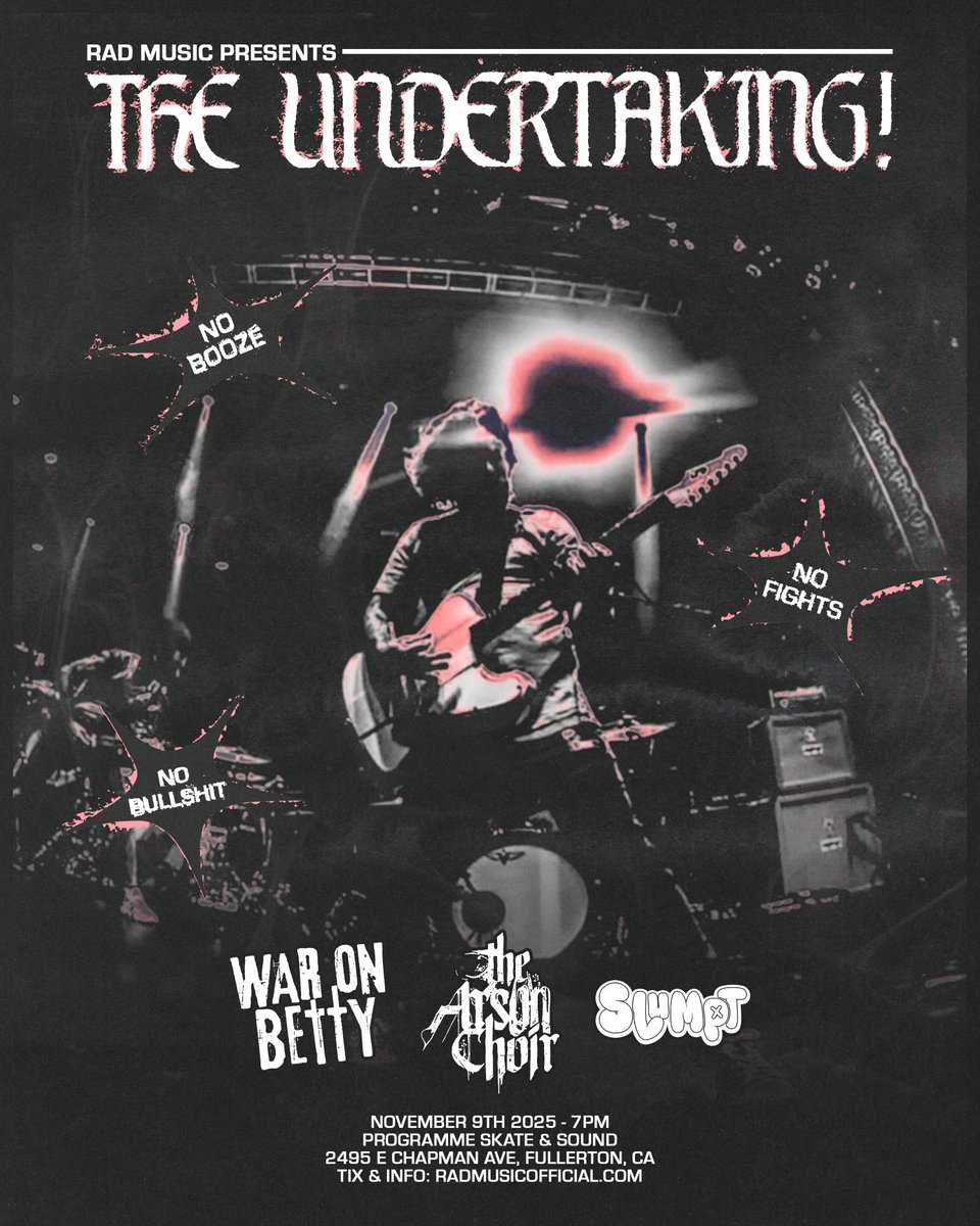 radmusicOF's tweet image. .@_theundertaking take over @programmehq Nov 9th with @WarOnBetty @TheArsonChoir and Slumpt!! Get tix to the party now: eventbrite.com/e/the-undertak…
#radmusic #fullerton #programme #hardcore #metalcore #mathcore #metal #getwiththeprogramme #oc #orangecounty #alt #alternative #rock