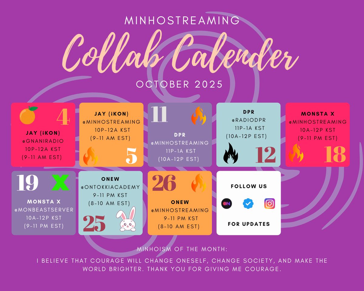 [🗓️] OCTOBER COLLAB CALENDAR 🐿️

Thanks to our October collaborators 💙
<a href="/HWANtopia/">𝟭𝗙𝗼𝗿 𝗝𝗜𝗡𝗛𝗪𝗔𝗡</a> (gnaniradio)
<a href="/radiodpr/">Radio DPR on StationHead</a> 
<a href="/Monbeastserver/">MONBEAST SERVER</a> 
<a href="/OntokkiAcademy/">Ontokki Academy</a> 

Don't miss out! Join us at any of the links below.
🔥stationhead.com/minhostreaming
❤️‍🔥stationhead.com/c/flamers

#MINHO #민호 #ミンホ <a href="/SHINee/">SHINee</a>