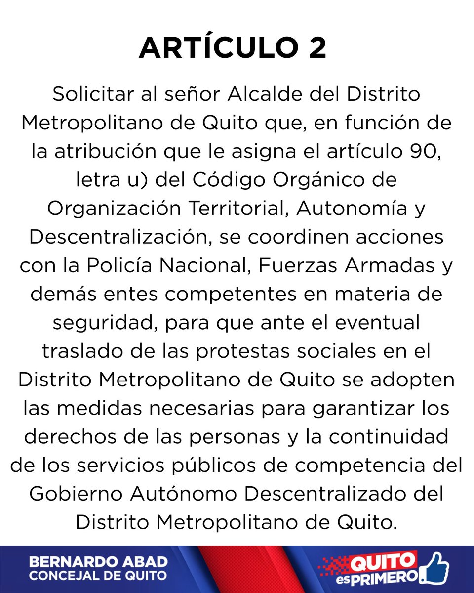 Alcalde <a href="/pabelml/">Pabel Muñoz L.</a>, ante el anuncio de que se convocaría a una sesión extraordinaria del <a href="/ConcejoQuito/">Concejo Metropolitano de Quito</a> para tratar el tema de las protestas y la amenaza de “Tomarse #Quito” realizada por el presidente de la CONAIE, solicito se ponga en el orden del día este proyecto de resolución.