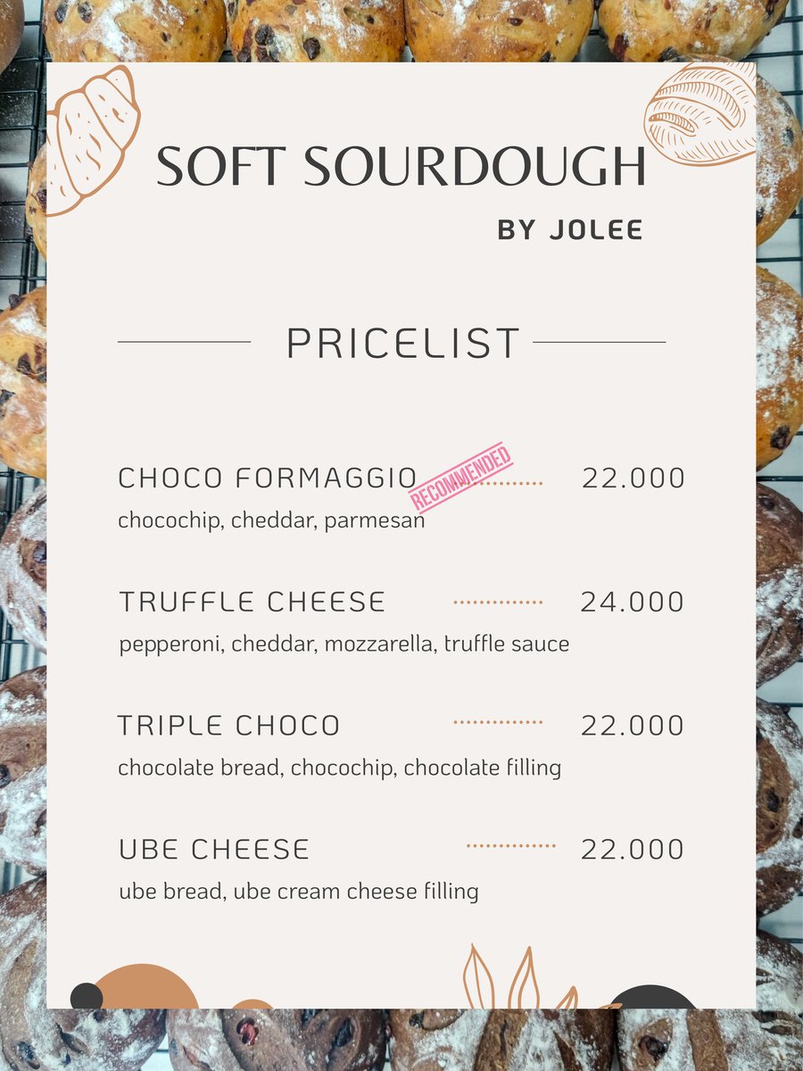 Bantu RT dan like ya warga X yang budiman 🫶
Aku open PO lagi soft sourdough untuk hari SELASA, 7 OKTOBER. Pengiriman dari surabaya, bisa ke semua kota yang terjangkau paxel. Pricelist tertera di bawah. Langsung chat aja ke wa.me/62895405759778 ya. 🩷
