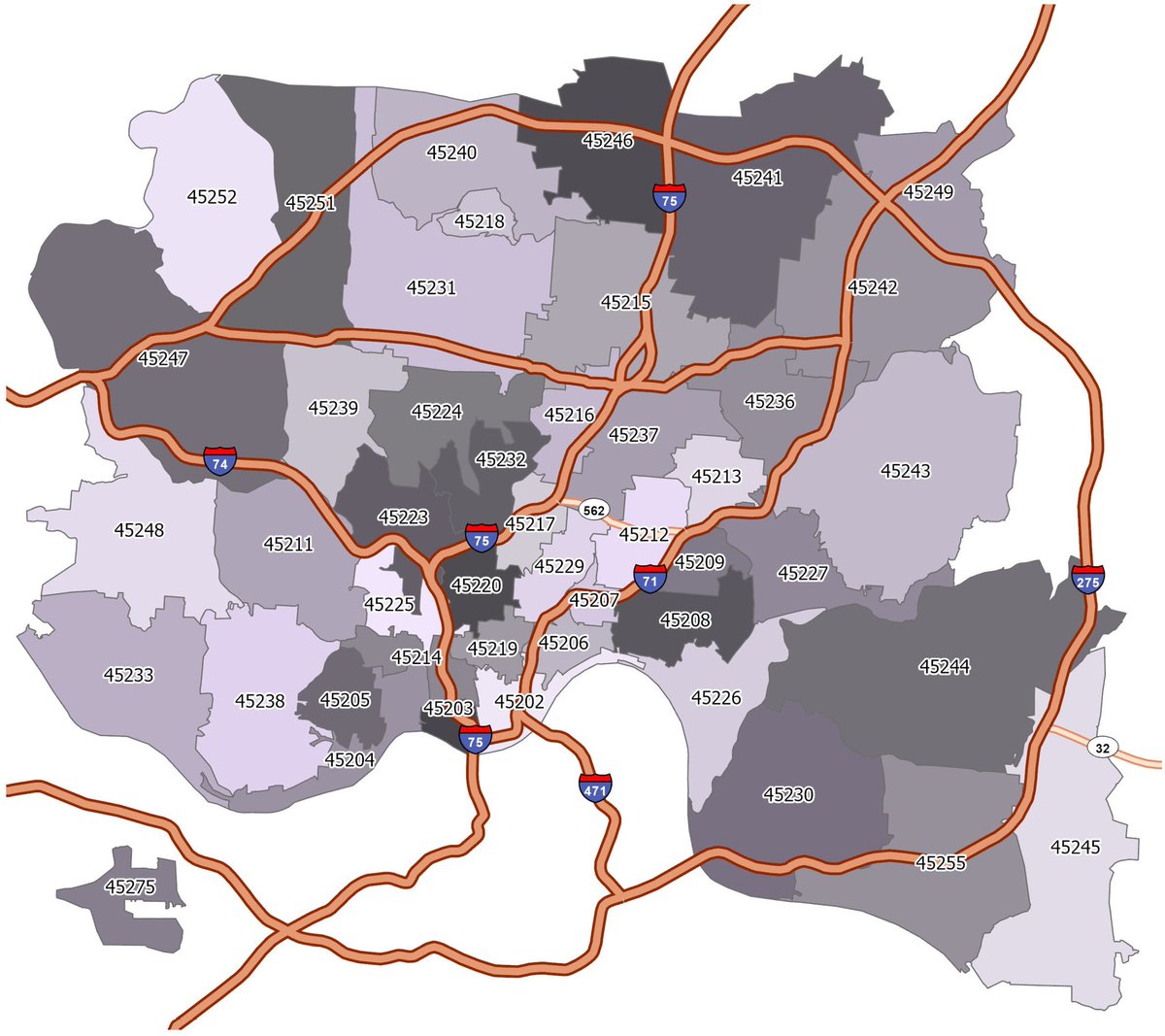 fryede's tweet photo. @still_hustling Looking at the map of ZIP codes in Hamilton County, it appears that the list is all the ones that are entirely within the city of Cincinnati and excludes ones that are split between the City and neighboring municipalities. https://t.co/s7tALeqK4d