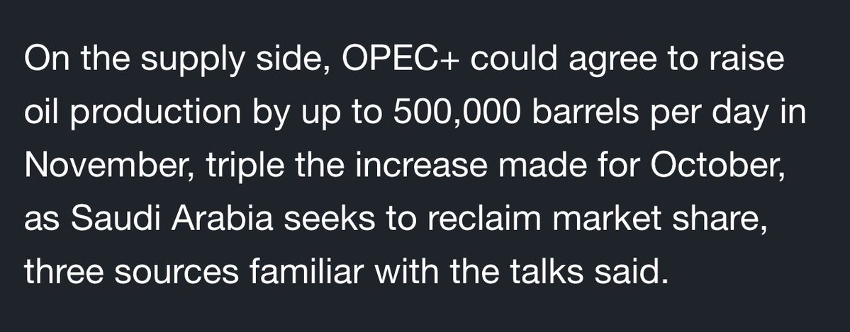 HelloitsRoy's tweet image. 🛢️ Oil will most probably rebound to the upside starting Monday. 

It sold off last week given expectations that OPEC+ might raise production by 500,000 bpd (see picture below).

Today, OPEC+ decided to only raise it by 137,000 bpd. 

Again, investors oversold it.