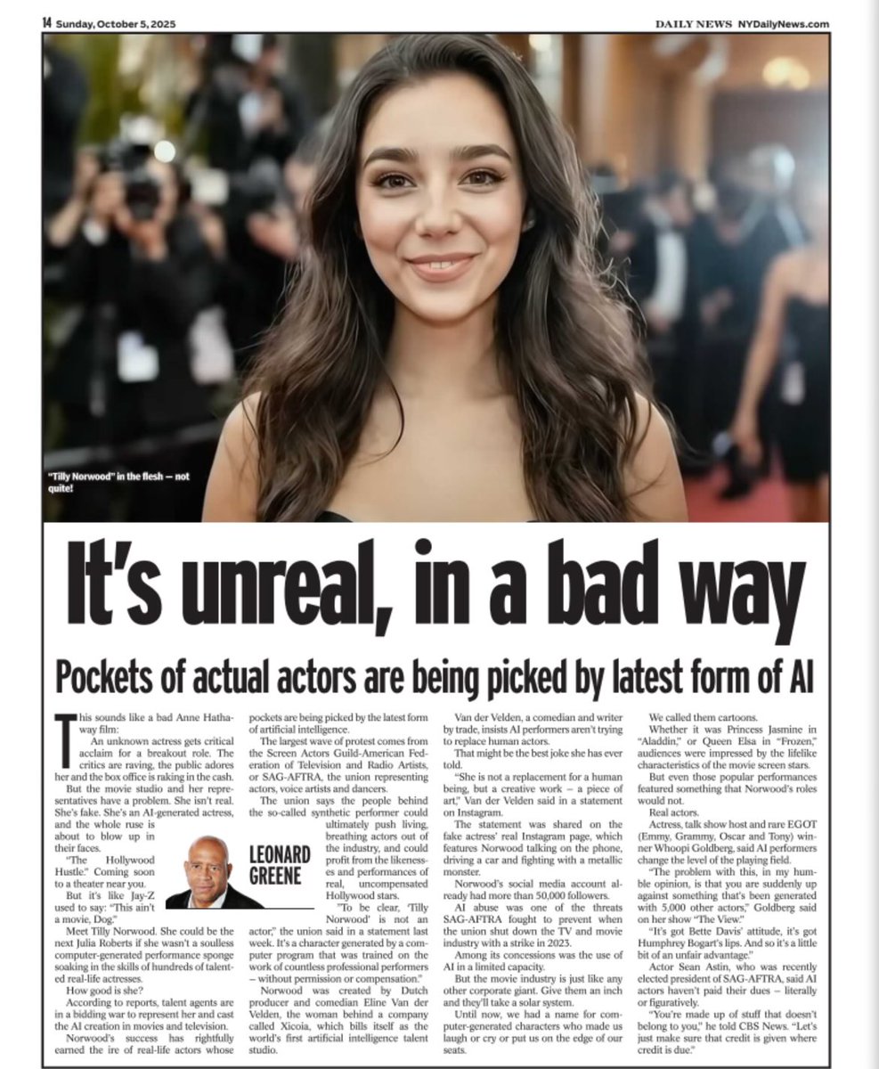 The Sunday Column:: The dangers of letting AI actors like 'Tilly Norwood' steal the show nydailynews.com/2025/10/04/gre…