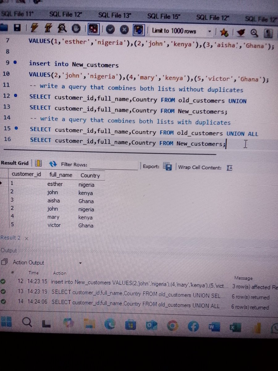 Etty_official's tweet image. Day 10 of #100DaysOfSQL ✅
Today, I explored the difference between UNION and UNION ALL. UNION combines results without duplicate UNION ALL includes all records, even duplicates I practiced this using two customer tables and see the output.
#SQL #DataAnalytics