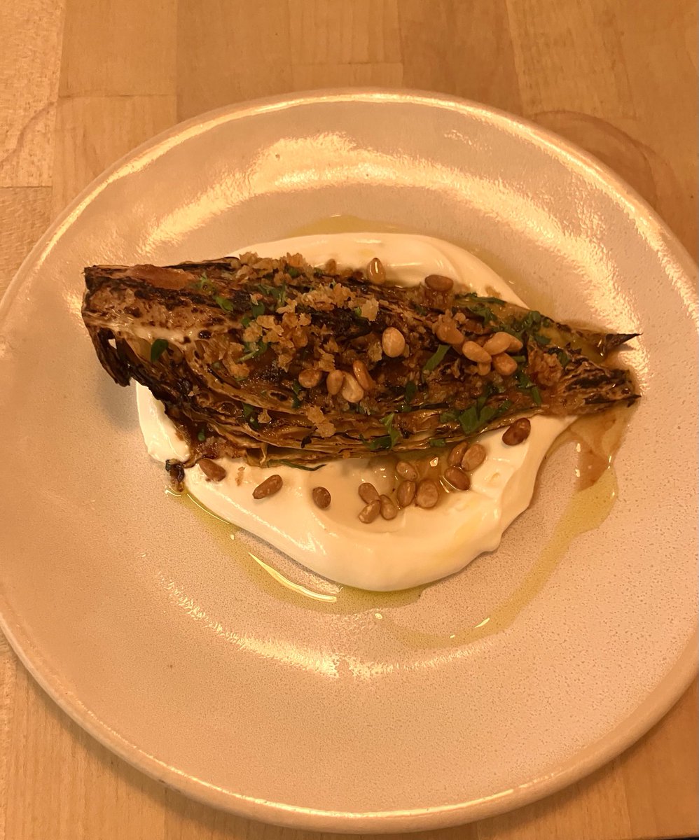 AndrewOpera's tweet image. The perfect simple Sunday lunch. Charred Hispi with miso brown butter, whipped ricotta, and pine nuts. Lots of freshly made sourdough to accompany it all 👌😋
#Cabbage #Miso #Ricotta
