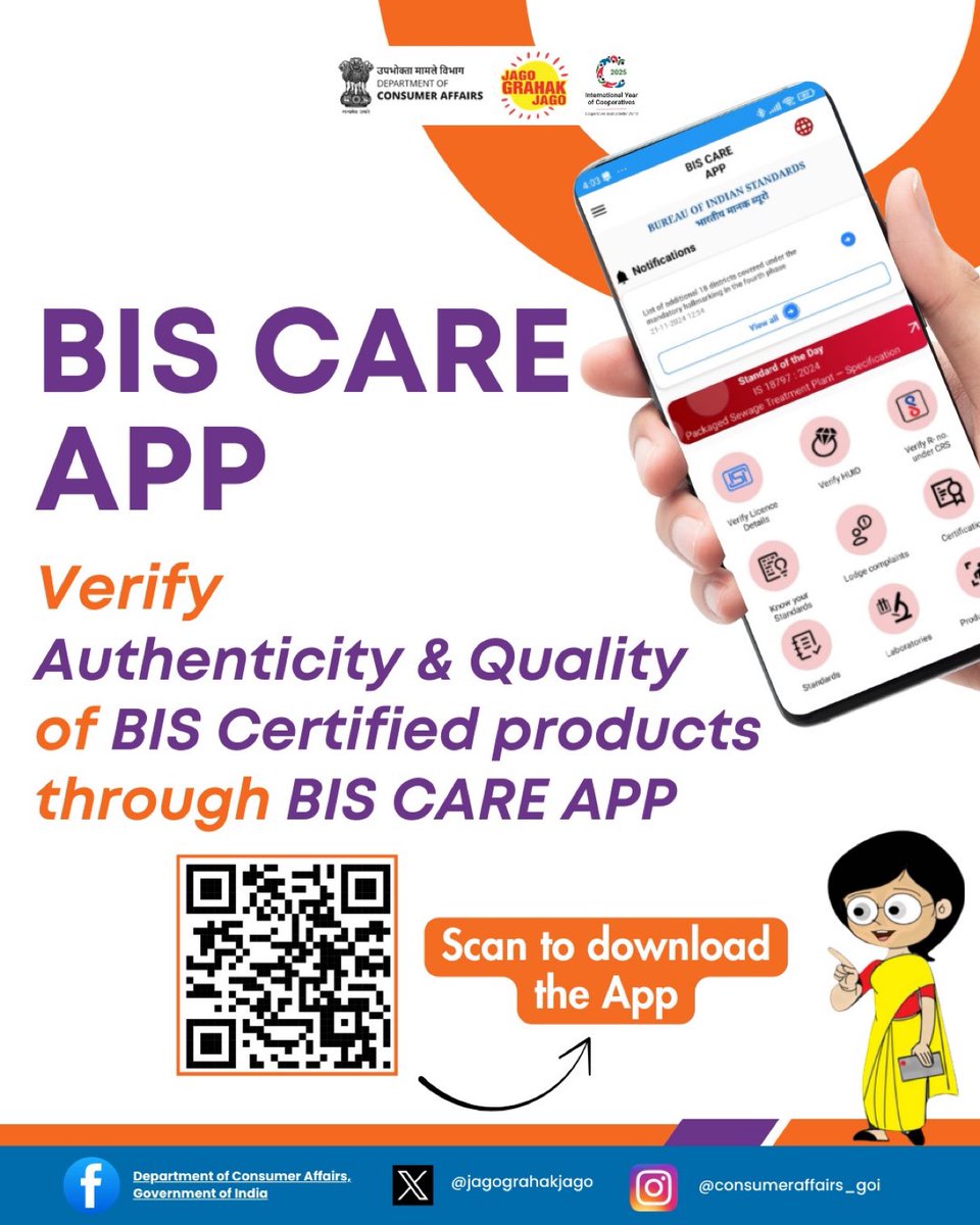 PIBConsumerFood's tweet image. With BIS CARE APP, authenticate products instantly. Download the BIS CARE APP now! #IndianStandards #BISCareApp #ProductAuthenticity #ConsumerProtection @jagograhakjago