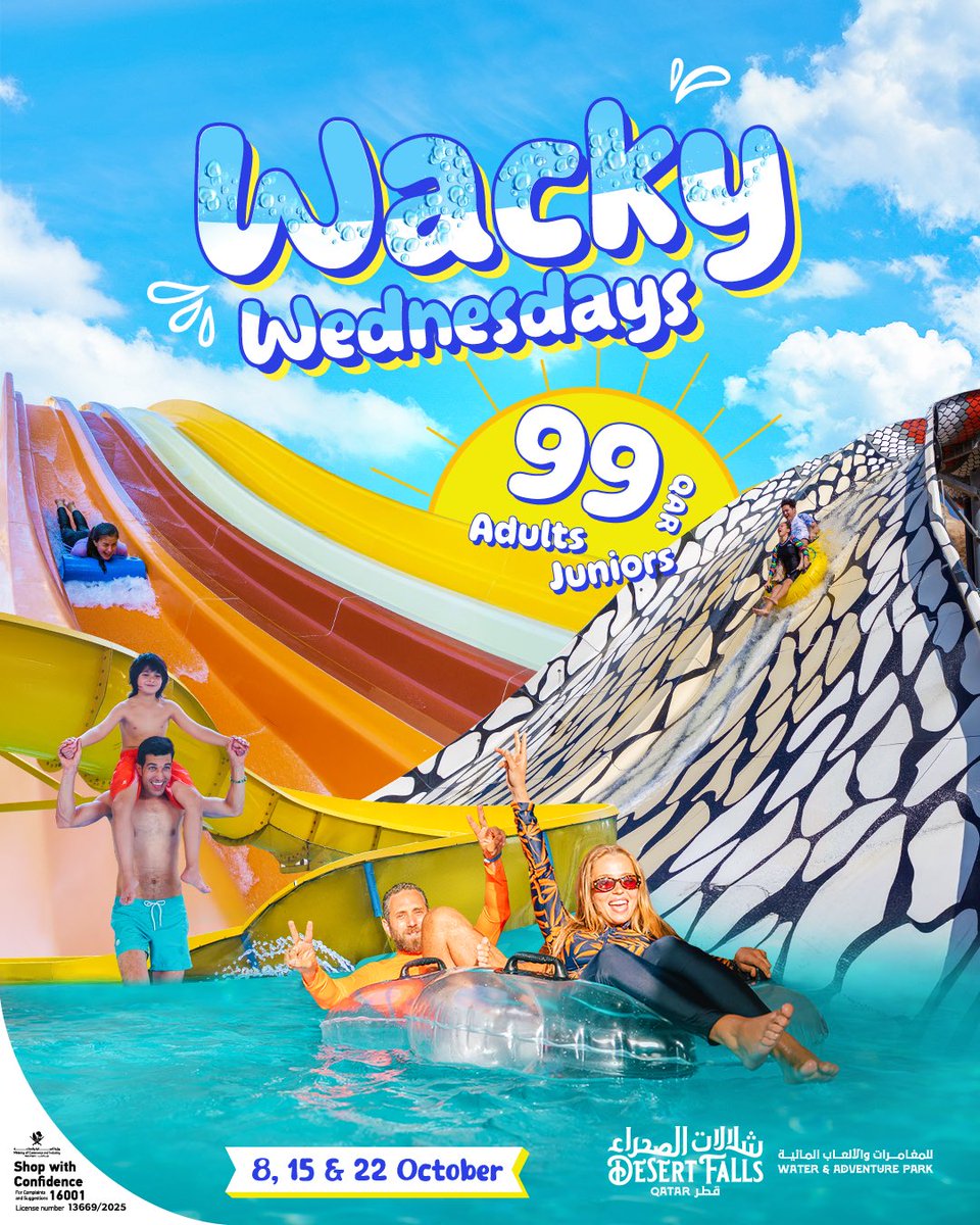 💦 Your Wednesday Just Got Wacky!

Make midweek unforgettable with the Desert Falls Sea Caves Waterpark Wacky Wednesday Deal! Enjoy a full day of thrilling slides, wave pools &amp; beach access for just QAR 99 per adult &amp; junior.

📅 Valid Every Wednesday | Oct 8 – 22 #offer