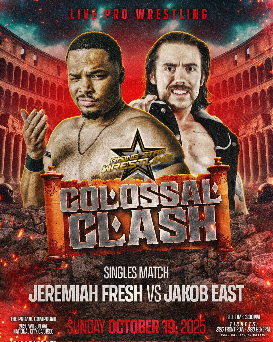 🚨LIVE PRO WRESTLING🚨

Jakob East makes his debut for Rising Star on October 19th! He has a tough challenge, however, as he faces San Diego mainstay, Jeremiah Fresh!
—
events.humanitix.com/colossal-clash/