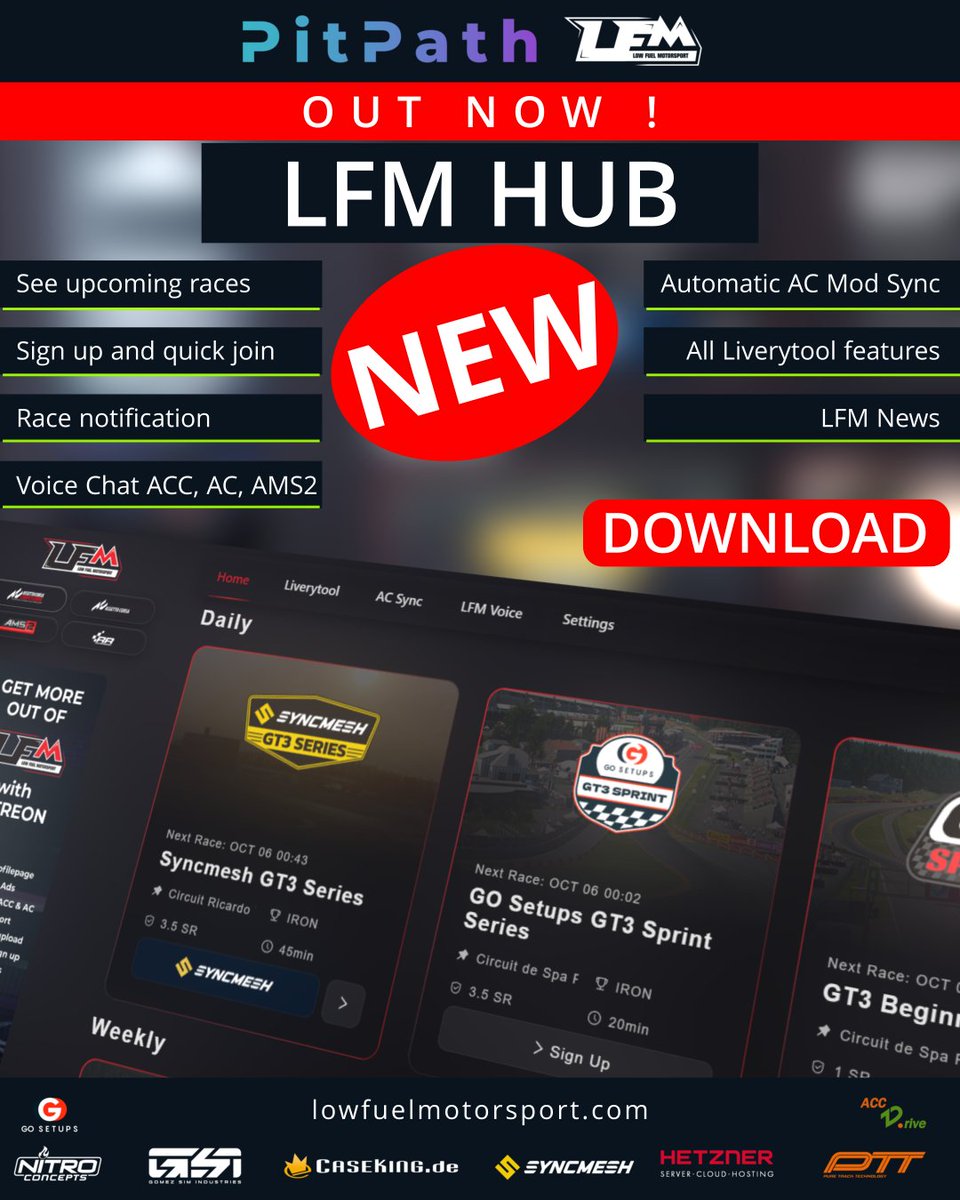 LFMotorsport's tweet photo. 🚀 Get the new LFM Hub!
Everything you need in one place – livery tool, auto AC mod sync, voice chat, sign-ups, and more.
Your all-in-one home for LFM racing. 🏁
Free Download: https://t.co/sIhWjaWdCl

#lowfuelmotorsport #LFM #simracing #assettocorsa #assettocorsacompetizione #automobilista2 #raceroom