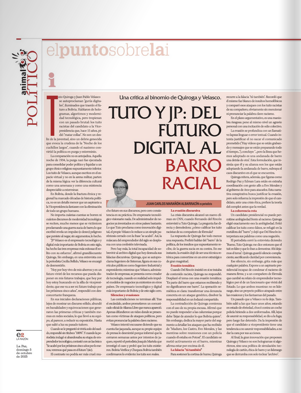 almajuca's tweet photo. Tuto y JP se presentaron como gurús tecnológicos que traerían modernidad a Bolivia, hasta que el archivo digital expuso sus contradicciones: tecnología de cartón, ética de barro y un liderazgo que se derrumba con solo teclear “archivo”.
https://t.co/neTsQrzKge

#opinión #racimo https://t.co/GvvVRZUi0z