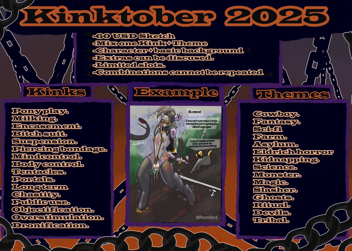 For this year's Kinktober, I'll do something a bit different since I won't have the time to do a daily sketch. 
Instead, I'll take a handful of slots in which you'll be able to choose one kink plus a kink to make some spoooooky (and horny) Combinations!
Feedback on the actual