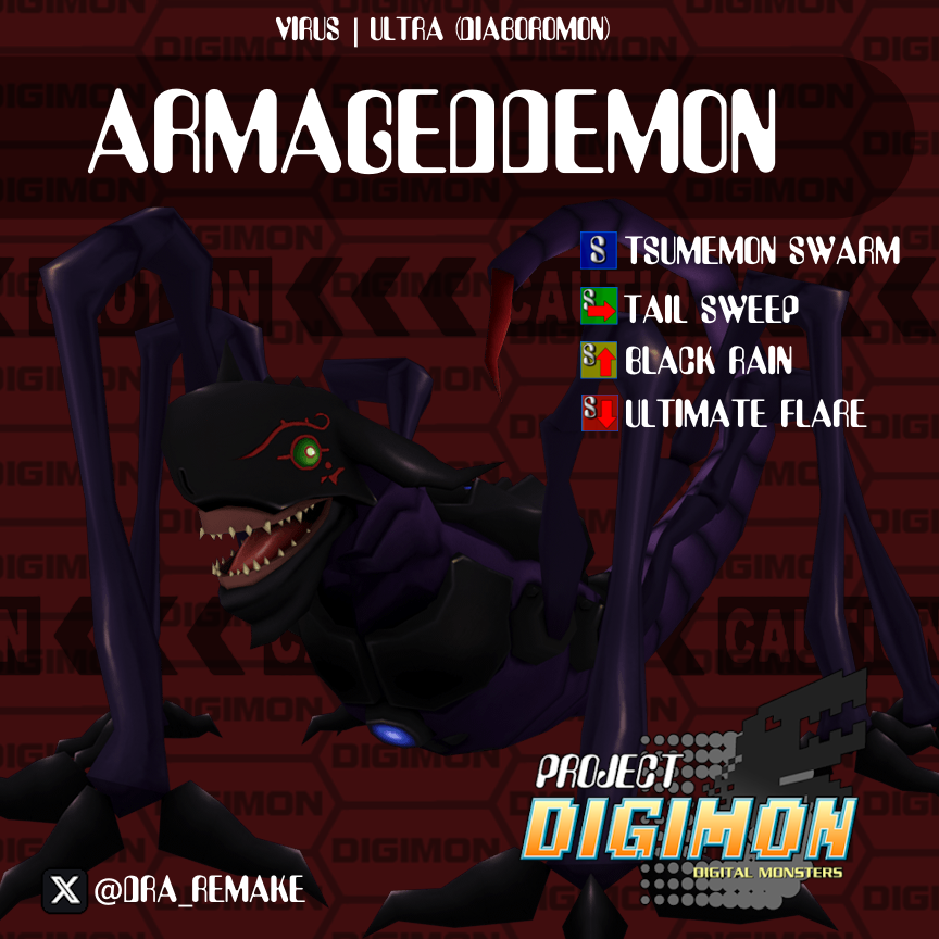 DRA_Remake's tweet image. As the ultra of Diaboromon, this monster changes the stage to one that can fit it&apos;s size, towering over others as it preforms unblockable tail swipes, rains of energy, rivers of cannon fire, and unleashes a tracking swarm of Tsumemon!

#Armageddemon #projectdigimon