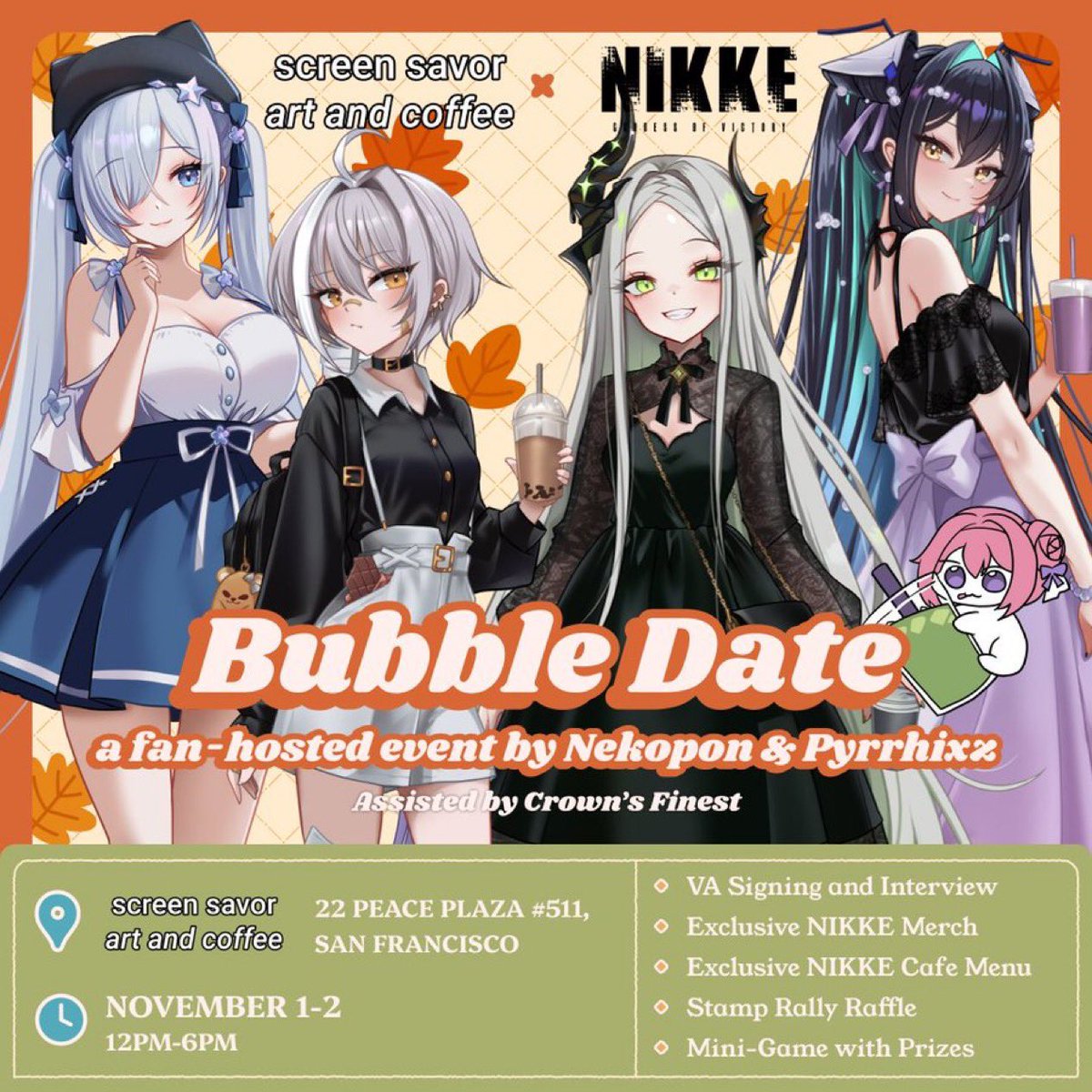 Want to meet me and some other fun NIKKE actors???

Come out to Screen Savor Art &amp; Coffee to see me and other lovely actors!! We are going to have exclusive NIKKE fan merch, autograph prints, stickers, special drinks, and more!!!

See you there!! ✨💜
