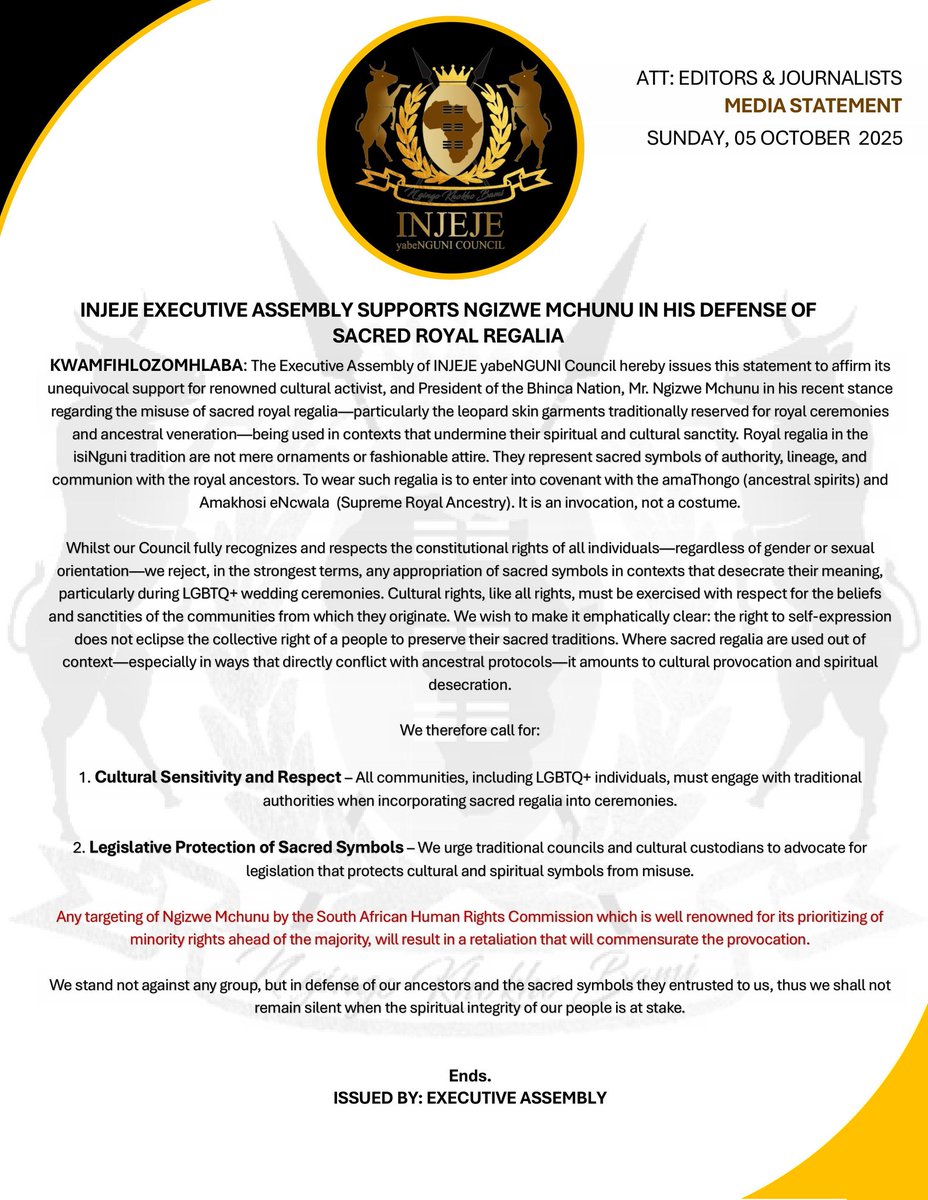 InjejeCouncil's tweet photo. INJEJE STANDS WITH NGIZWE MCHUNU

Sacred Royal Regalia is NOT a costume! https://t.co/fa6g0cJ1fa