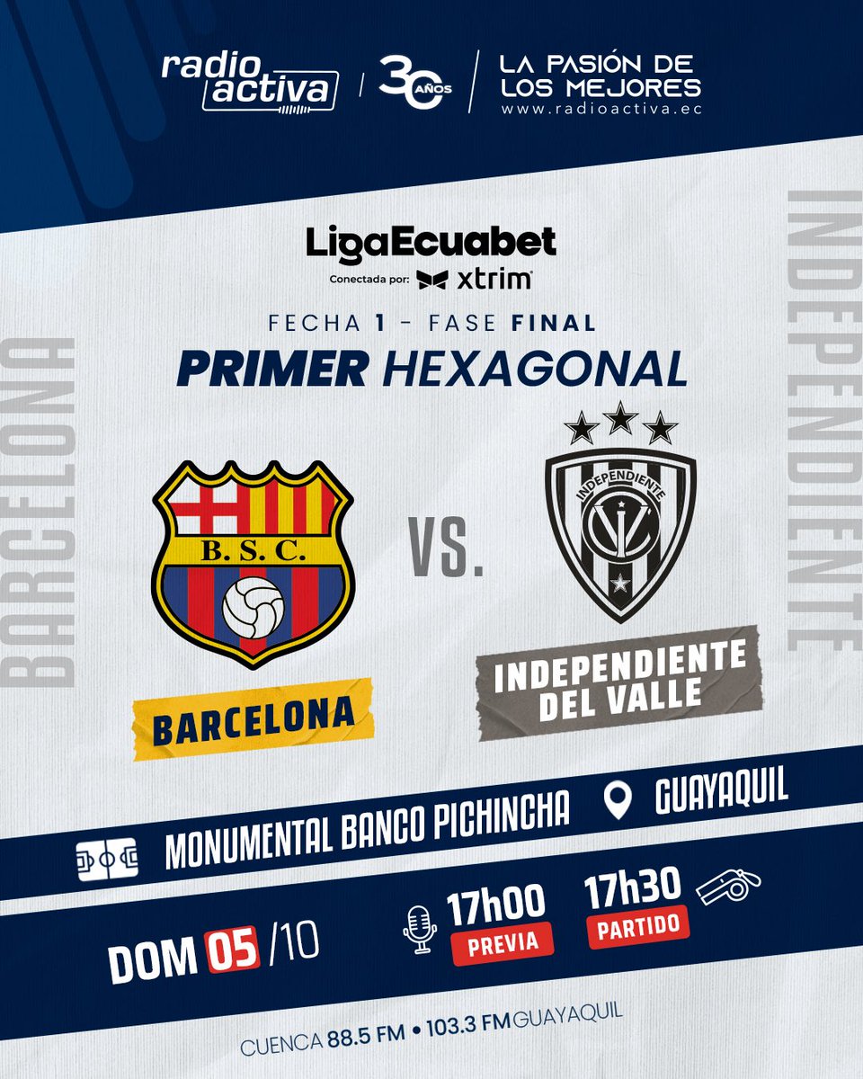 🎙️⚽️ Partidazo por Radioactiva 🔥 

🎤 Hoy te contamos los detalles del duelo #Barcelona 🟡⚫️ 🆚 #IDV 🔵⚫️, junto a la pasión de los mejores. 

📻 88.5FM CUE | 103.3FM GYE
🌍 radioactiva.ec
📱 Facebook y Youtube