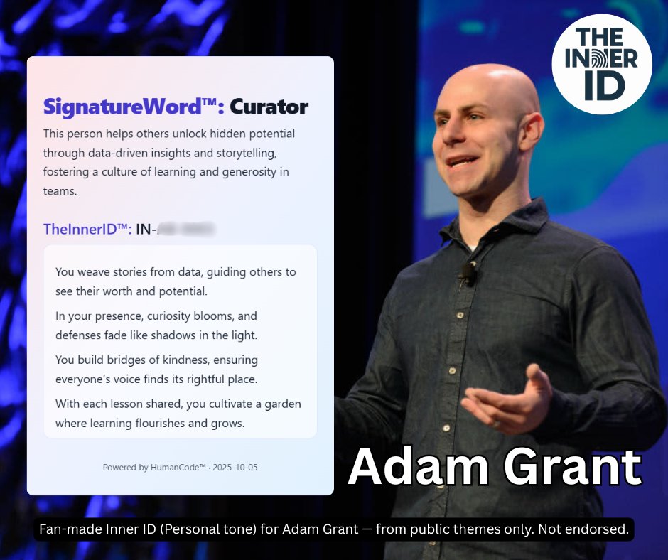 TheInnerID's tweet image. a fan-made Inner ID for adam grant—get it right &amp;gt; be right; generosity that lasts; argue like you’re curious.
pick one today:
🟨 change your mind with evidence
🟨 give help with a boundary
🟨 credit someone publicly
respect to @AdamMGrant . fan project; not affiliated. #InnerID