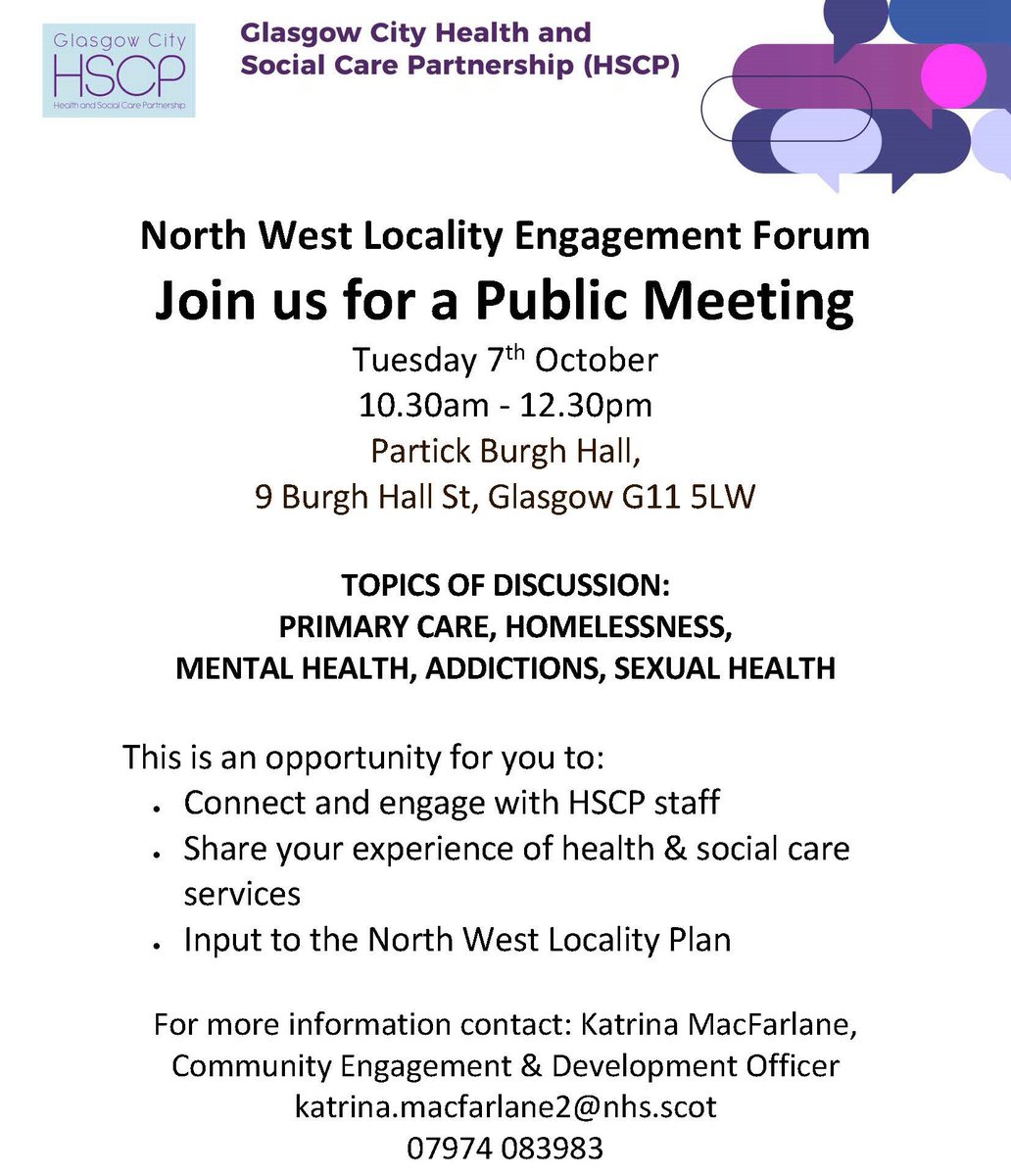 You're invited to join the North West Locality Engagement Forum for a public meeting on Tuesday 7 October. 
Come along to share your experience of health and social care and have your say on the North West Locality Plan!

Find more info below 👇