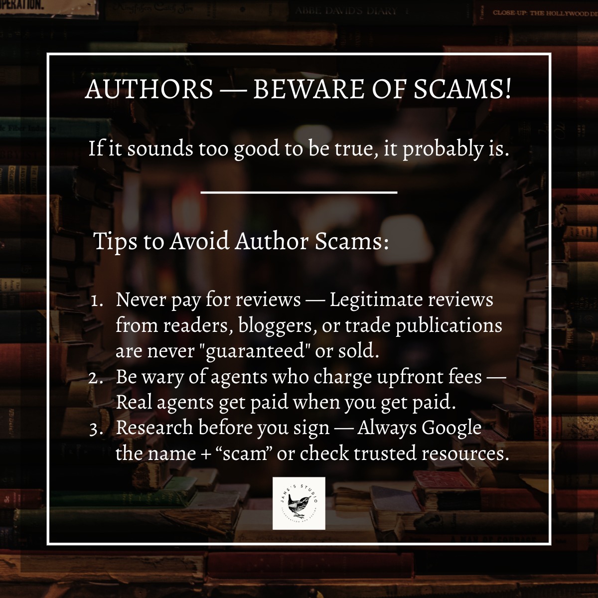 There’s been a rise in shady offers targeting writers, promising glowing book reviews, agent representation, or marketing packages - for a fee.
🚨 If it sounds too good to be true, it probably is.
✅ Visit Writer Beware: writerbeware.blog
