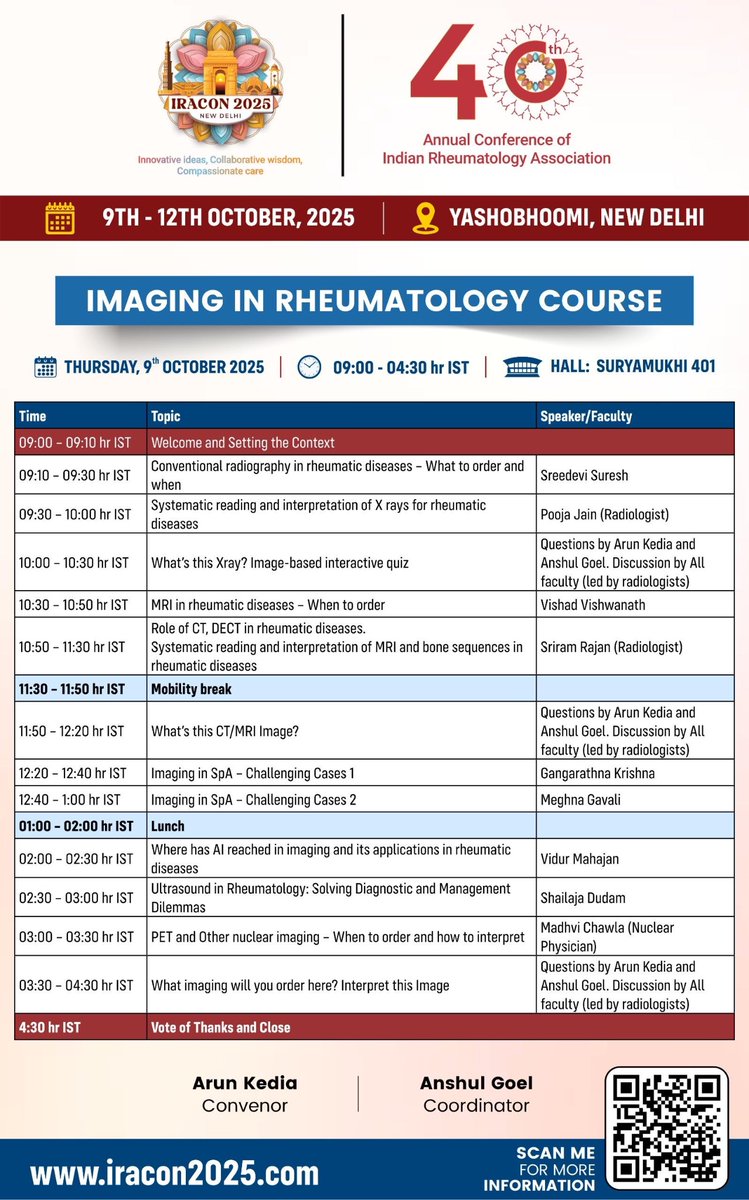 Join us at the 40th Annual Conference of the Indian Rheumatology Association #IRACON25  for the 'Imaging in Rheumatology Course' on Oct 9, 2025, New Delhi!

Explore topics like conventional radiography, MRI, CT, ultrasound, and more with expert faculty.

#RheumTwitter #RheumX
