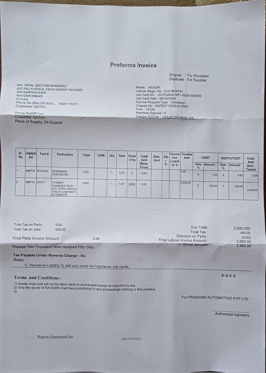 I gave TATA nexon car for the boot opening issue to Pramukh auto Navsari. My boot is not opening but has been charged INR 3000. Further, they didn't have a sensor, thereby did some fixing. Can <a href="/TataMotors/">Tata Motors</a> look into the quality of service and customer experience.
<a href="/TataMotors_Cars/">Tata Motors Cars</a>