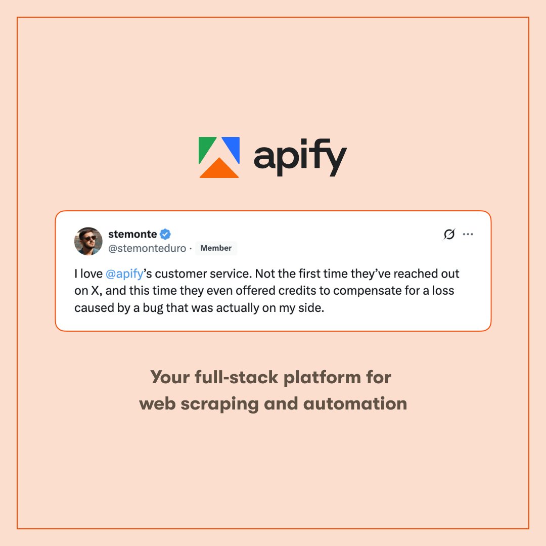 apify's tweet image. Every builder deserves support.

And even though we can’t claim perfection, we can claim a community we’re proud of.

Thanks for being with us 🧡

Appreciate the love, @stemonteduro!
