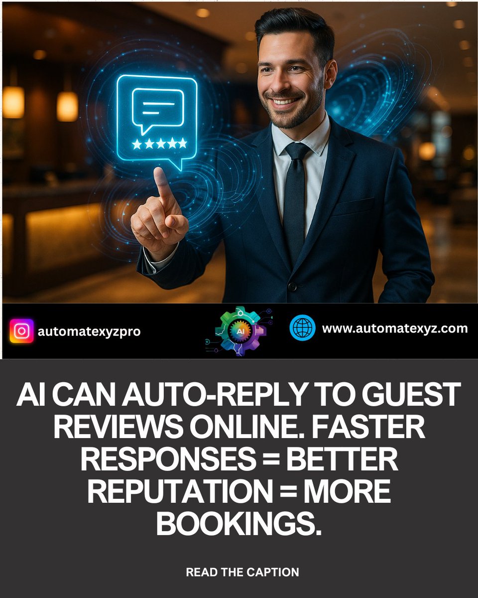 automatexyzpro's tweet image. AI can auto-reply to guest reviews online. Faster responses = better reputation = more bookings.
bit.ly/3TzOaxX
#AI #AutoReply #GuestReviews #CustomerService #SpeedyResponses #ReputationManagement #BookingBoost #TechnologyInHospitality #DigitalInnovation…
