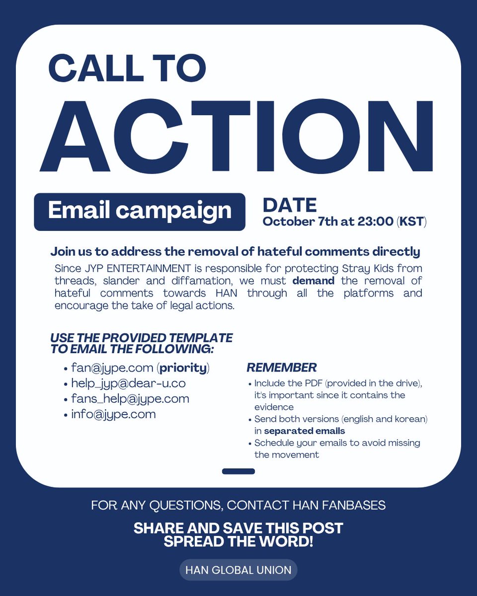 hantweets's tweet photo. 🚨| STAYS ‼️

We will be sending Mass Emails to JYP Entertainment regarding the ongoing harassment and defamation of #HAN.

📌Start Time: Oct 7, 23:00 KST. The information:

🔗: https://t.co/oZaR5sjapK

Be ready to send them all at the same time on 𝗢𝗰𝘁 𝟳 for the most impact! https://t.co/0vUI8Qwxqo