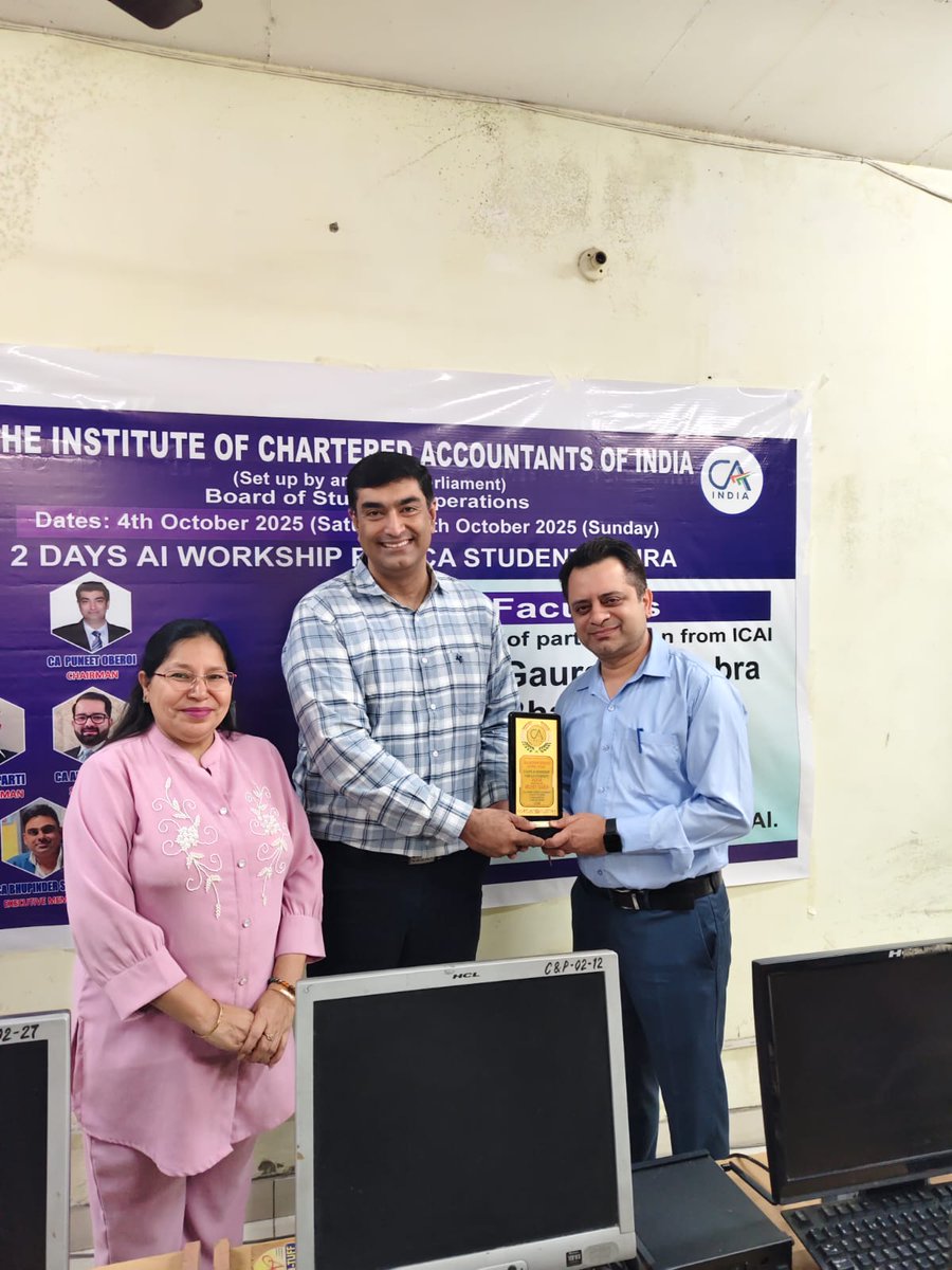 mohitgaba's tweet image. Honoured to be a faculty for the AURA (AI Understanding for Rising Achievers) course by BOS ICAI &amp;amp; Jalandhar Branch.
A wonderful, interactive &amp;amp; practical session with bright CA students!
Grateful for the opportunity. 🙏
#ICAI #AURA #ArtificialIntelligence #CAStudents #Thinkbeyond