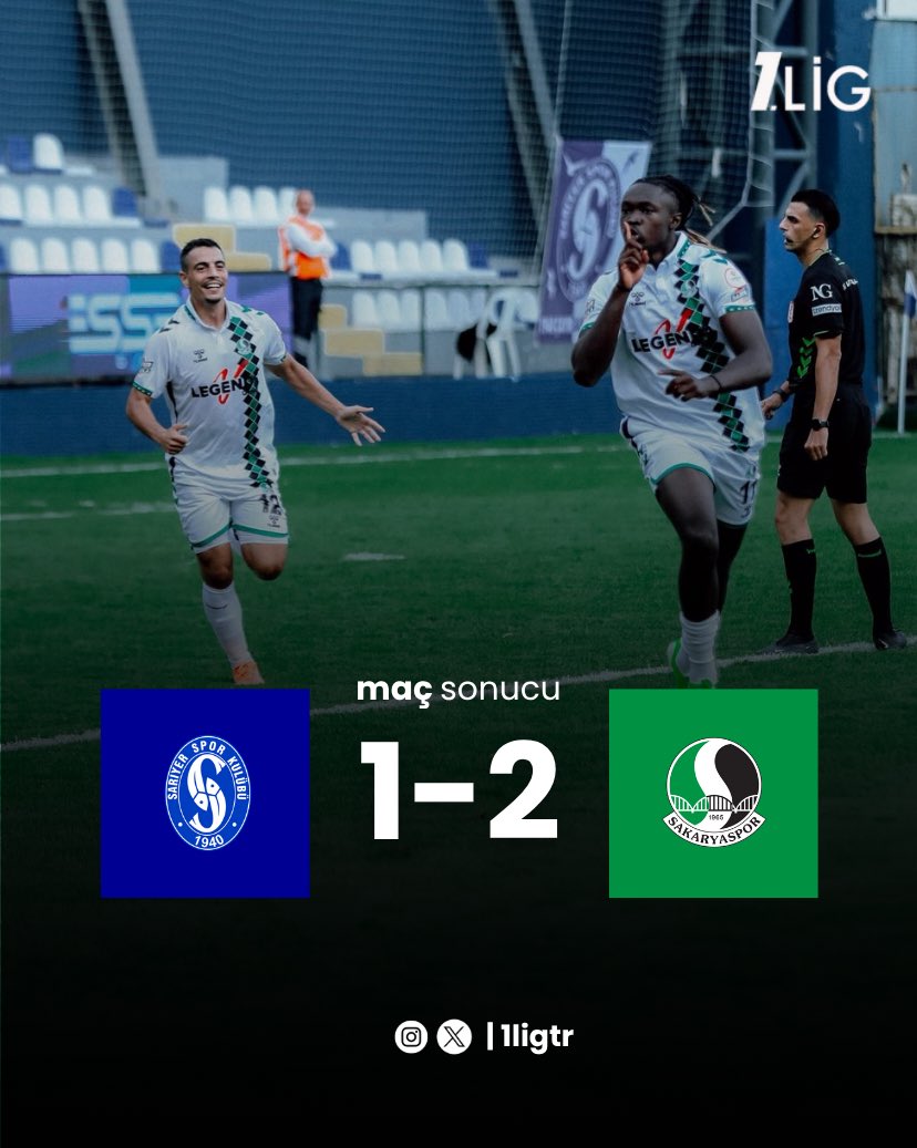 1ligtr's tweet photo. 𝐌𝐀𝐂̧ 𝐒𝐎𝐍𝐔𝐂𝐔 | Sarıyerspor 1-2 Sakaryaspor

Sakaryaspor uzatma dakikalarında attığı gol ile galibiyete ulaştı. https://t.co/kz6XntyHvw