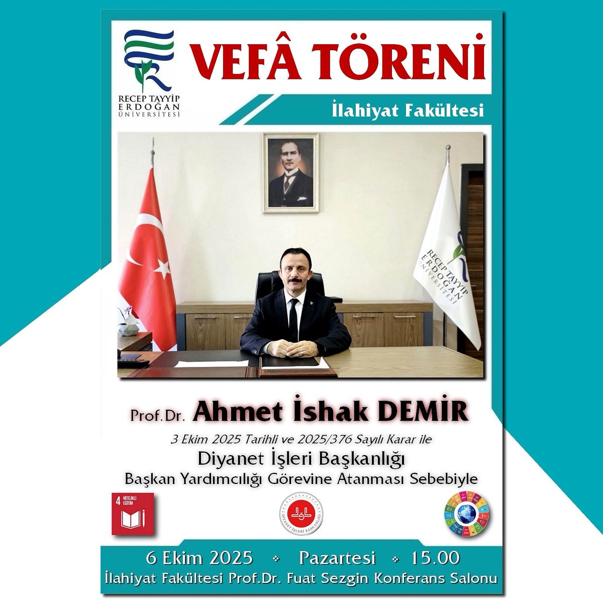 Fakültemiz dekanı Prof. Dr. Ahmet İshak Demir’in Diyanet İşleri Başkan Yardımcılığı görevine atanması dolayısıyla düzenleyeceğimiz törene tüm personelimiz ve öğrencilerimiz davetlidir.