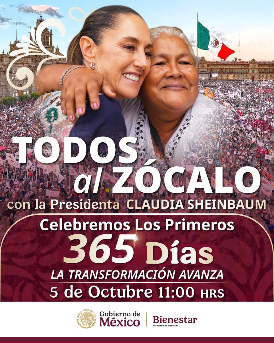 A_MontielR's tweet image. Hoy celebremos que la #TransformaciónAvanza, encabezada por nuestra Presidenta @Claudiashein.
¡Nos vemos en el #Zócalo de la Ciudad de México a las 11:00 hrs!
#HumanismoMexicano
#PrimeroLosPobres