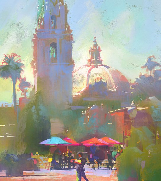 Balboa Park San Diego, watercolor and gouache.