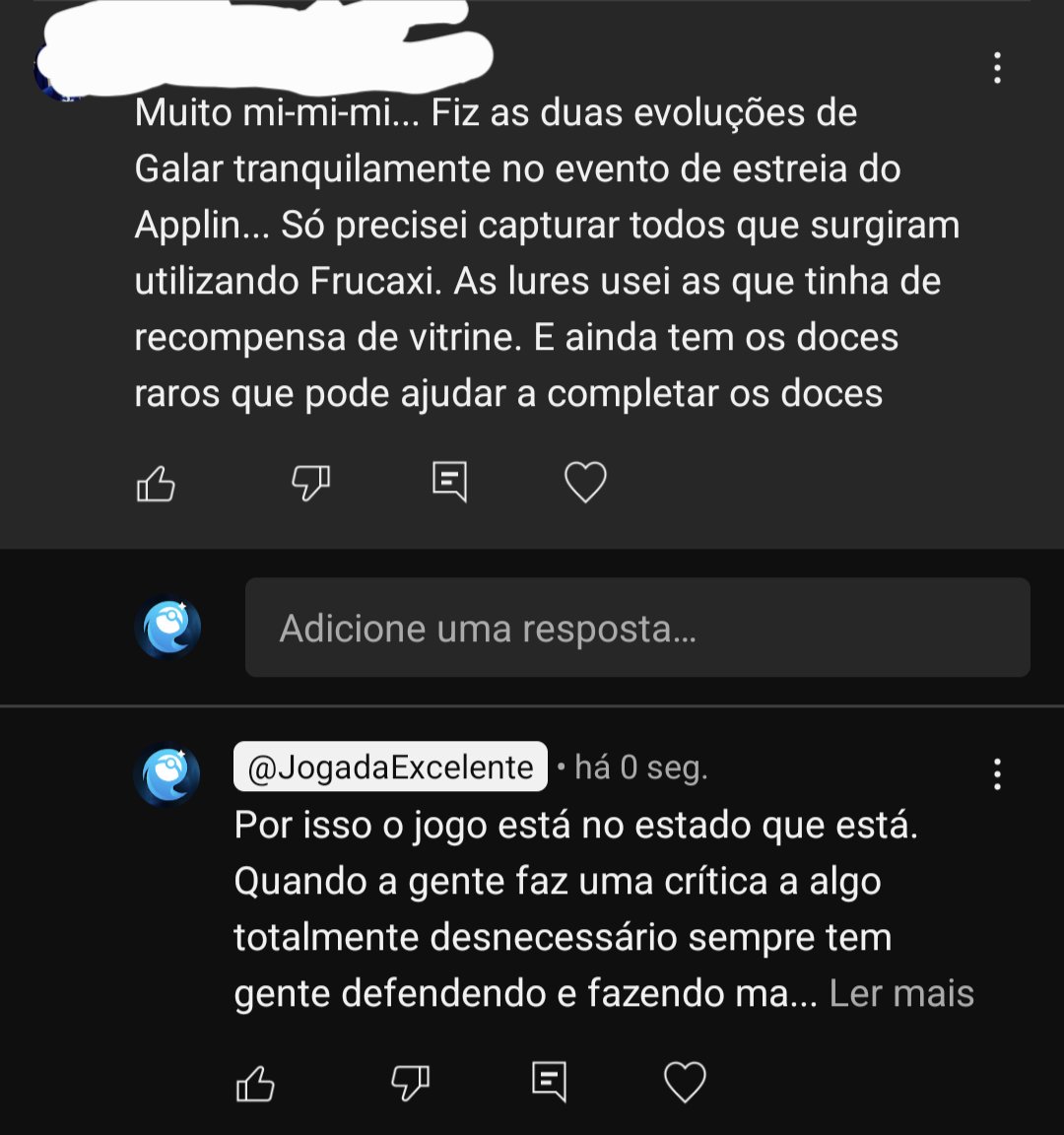 jogadaexcelente's tweet image. Falei no vídeo que acho totalmente desnecessário um Pokémon como Applin exigir 1000 Doces para conseguir a família completa e acho que é apenas um jeito de vender mais Lure Musgoso.
O cidadão nos comentários: