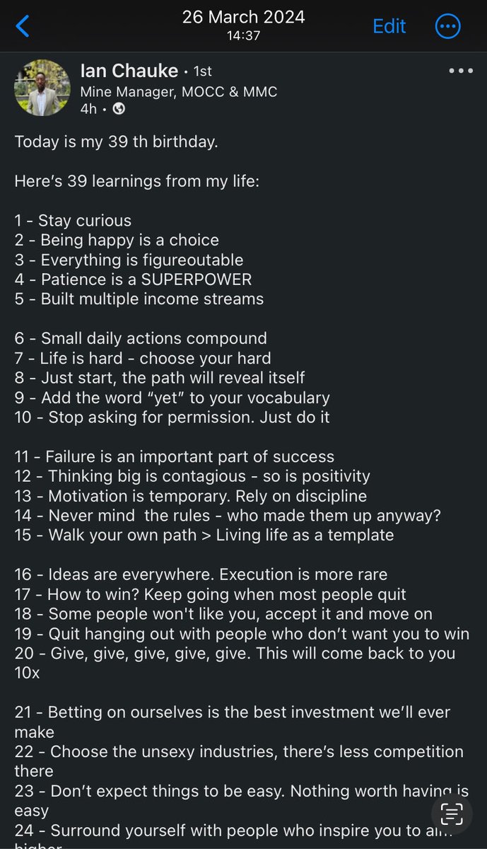 kaygeezo4's tweet image. 26 March 2024, I started to deliberately incorporate some of this learnings outlined by Chief Idea Officer @IanChauke1 and I’ve had a mental shift.

Start with No. 4, 10 &amp;amp; 31.