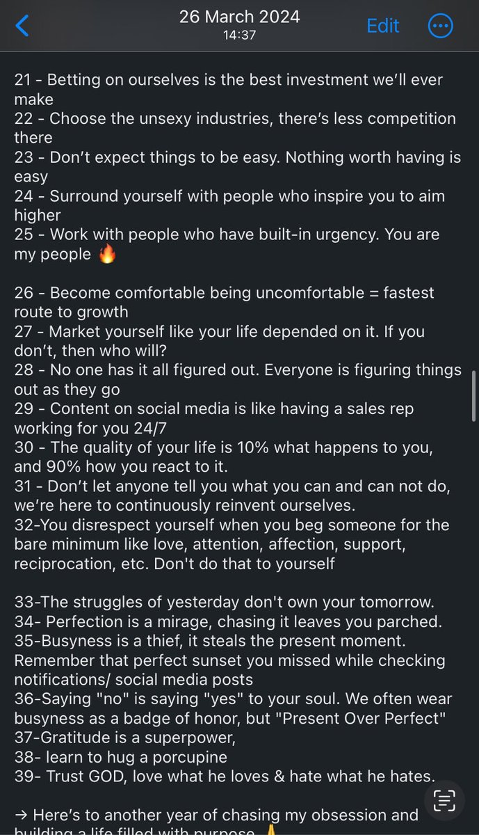 kaygeezo4's tweet image. 26 March 2024, I started to deliberately incorporate some of this learnings outlined by Chief Idea Officer @IanChauke1 and I’ve had a mental shift.

Start with No. 4, 10 &amp;amp; 31.